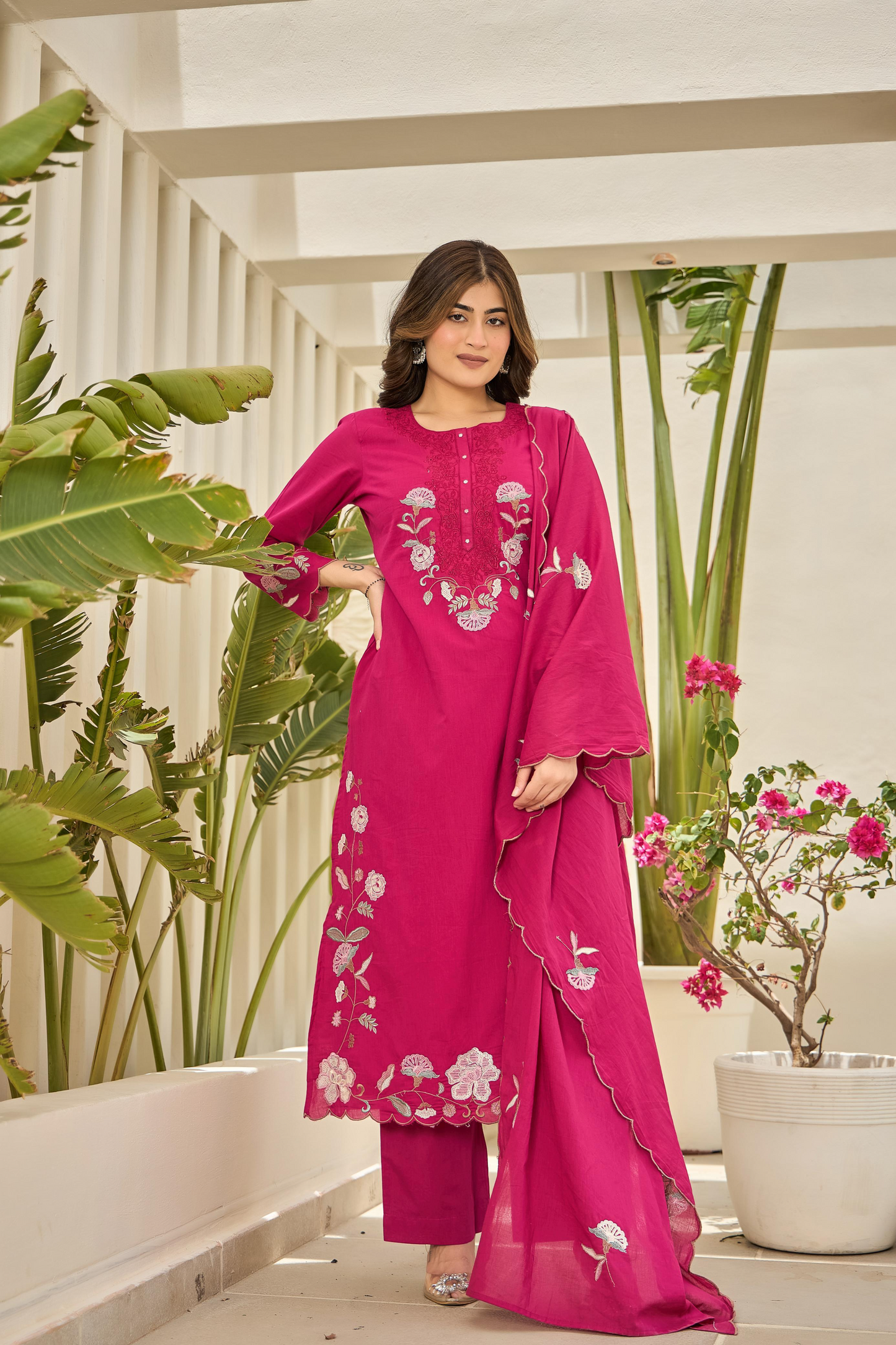 Pink Floral Embroidered Cotton Kurta Suit
