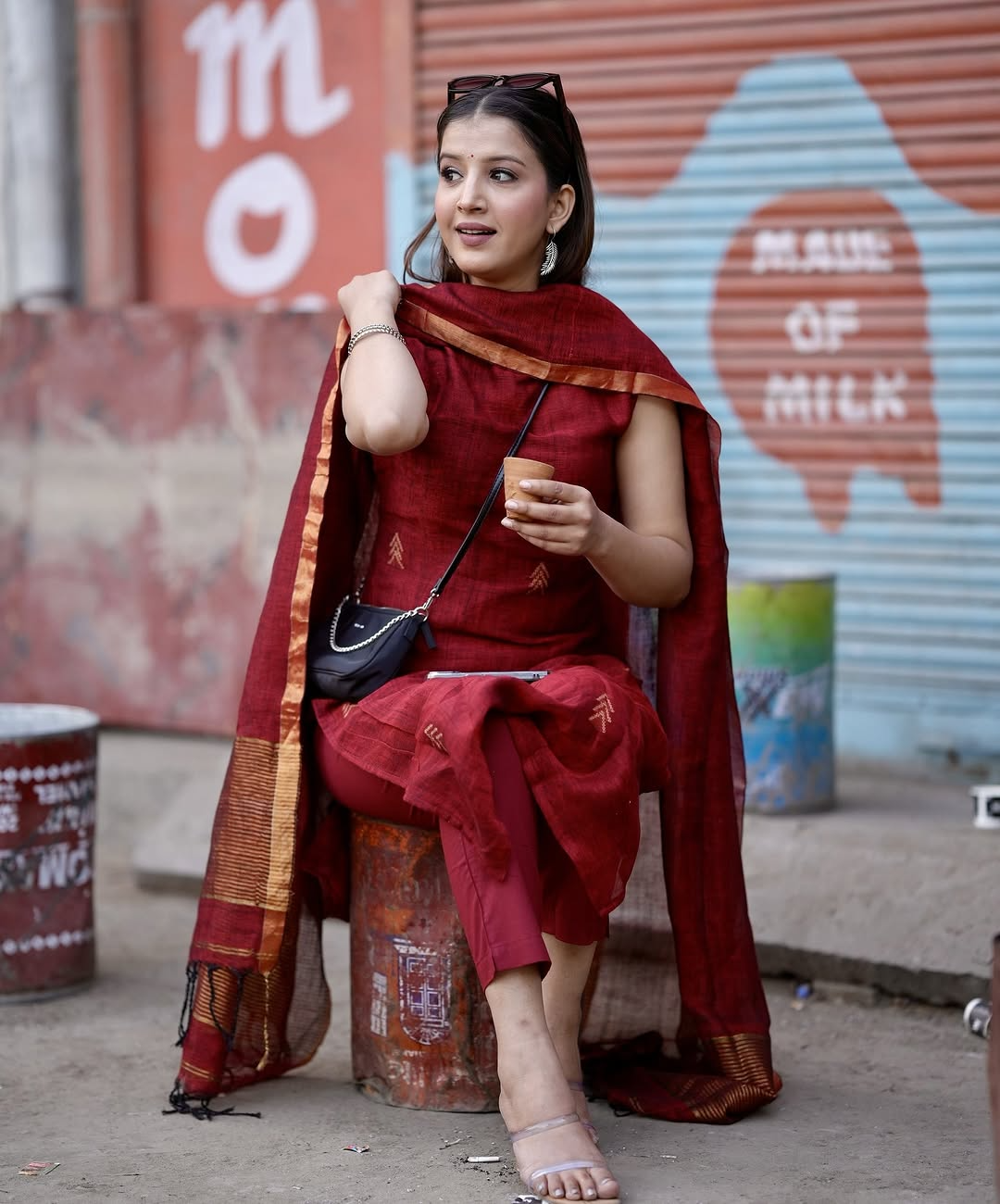 Handloom A Line Kurti With Pant & Linen Dupatta