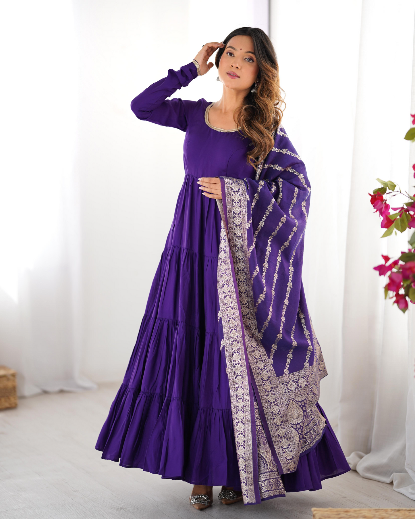 Purple Roman Silk Chanderi Anarkali Suit