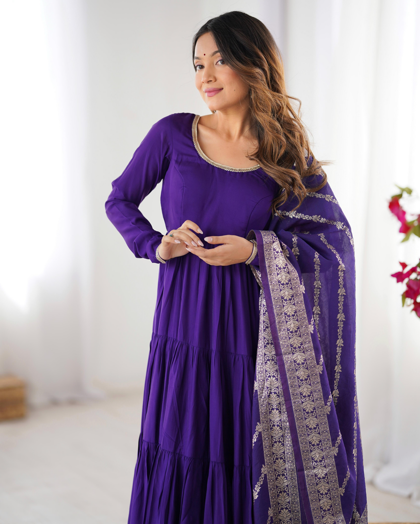 Purple Roman Silk Chanderi Anarkali Suit