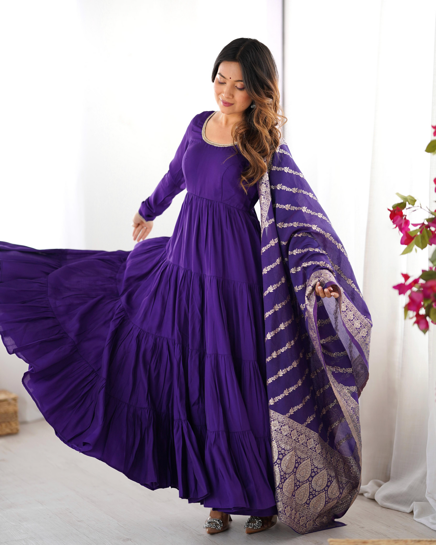 Purple Roman Silk Chanderi Anarkali Suit