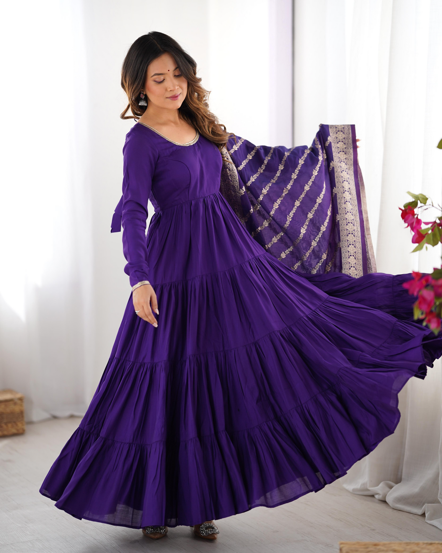 Purple Roman Silk Chanderi Anarkali Suit