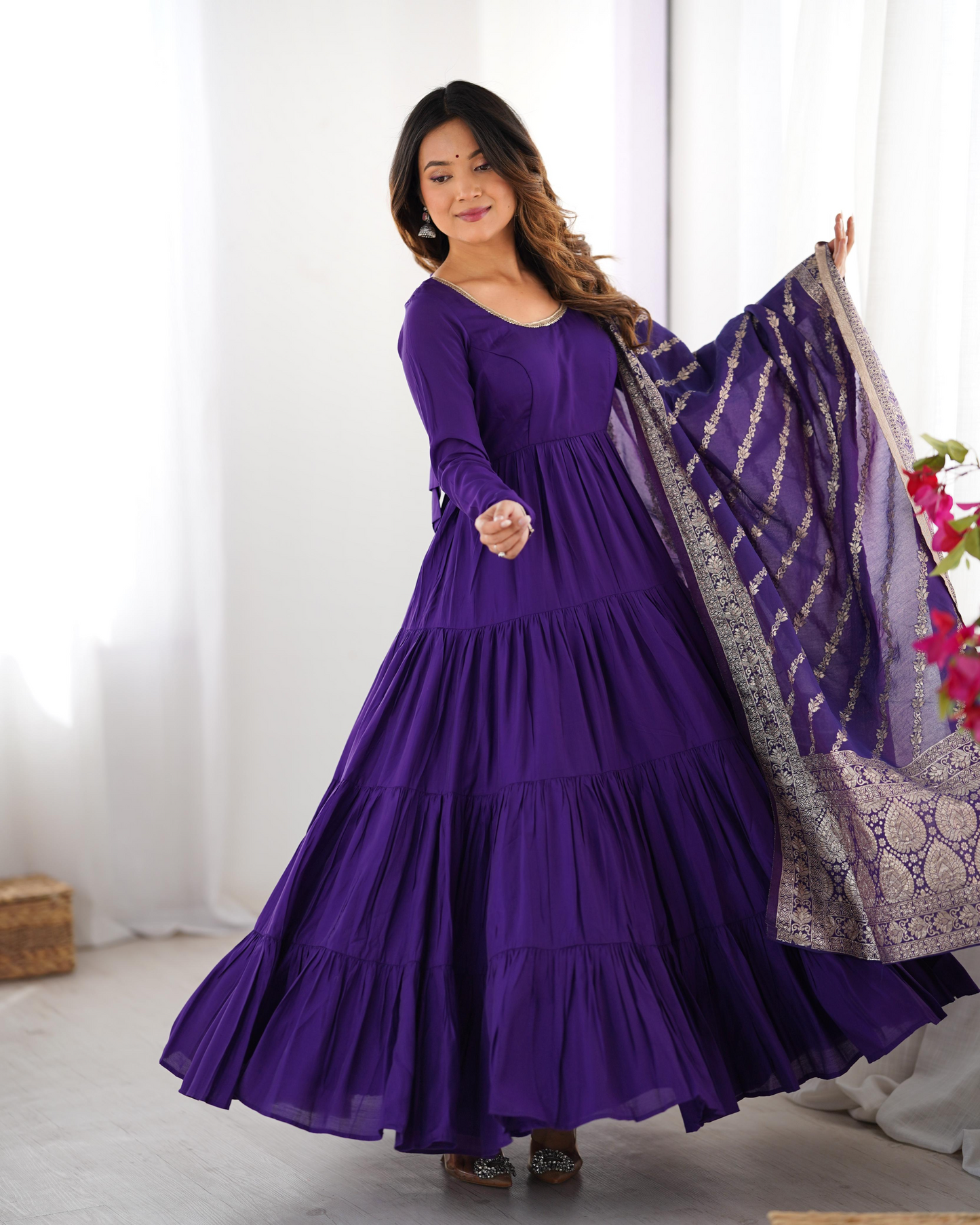 Purple Roman Silk Chanderi Anarkali Suit