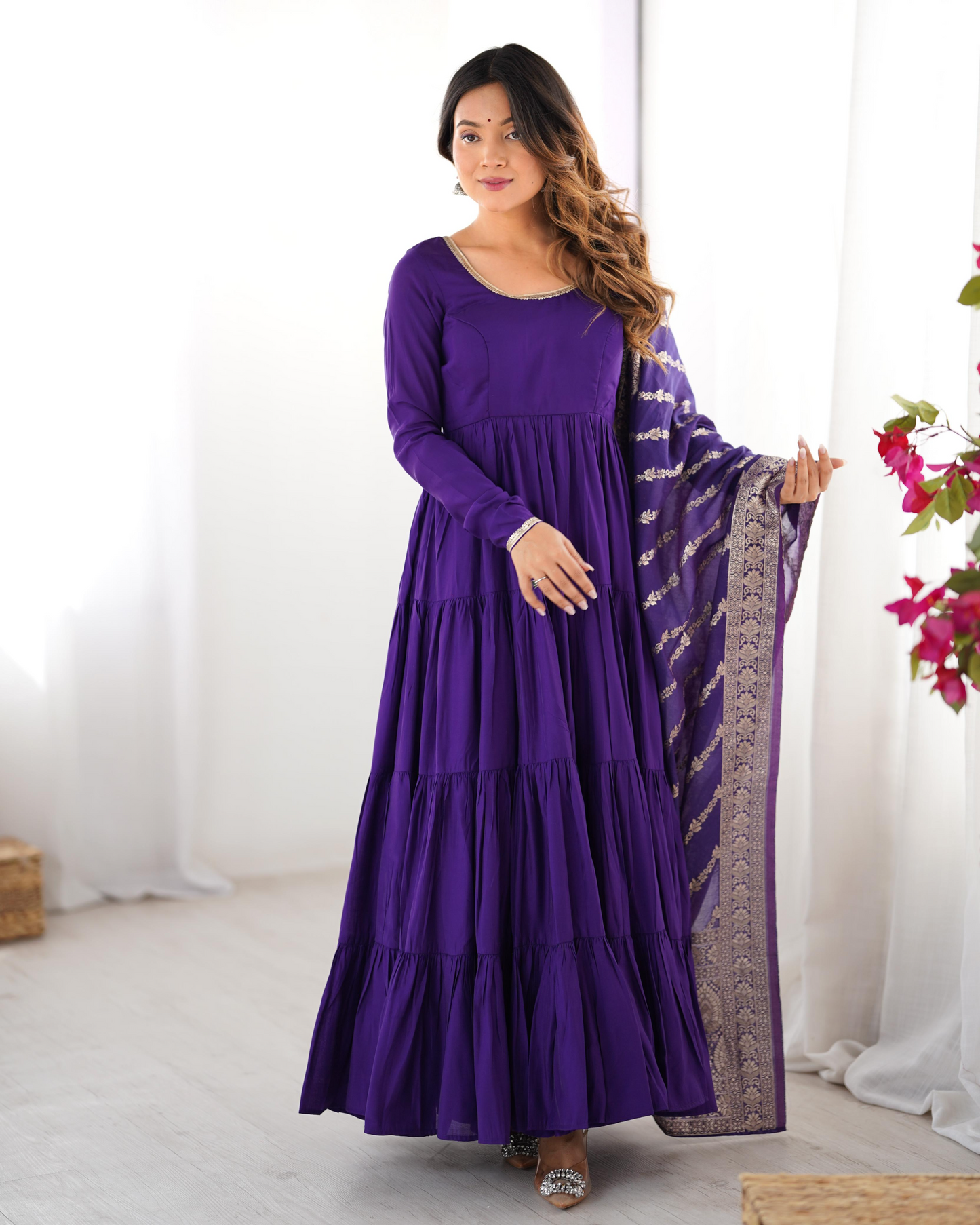 Purple Roman Silk Chanderi Anarkali Suit