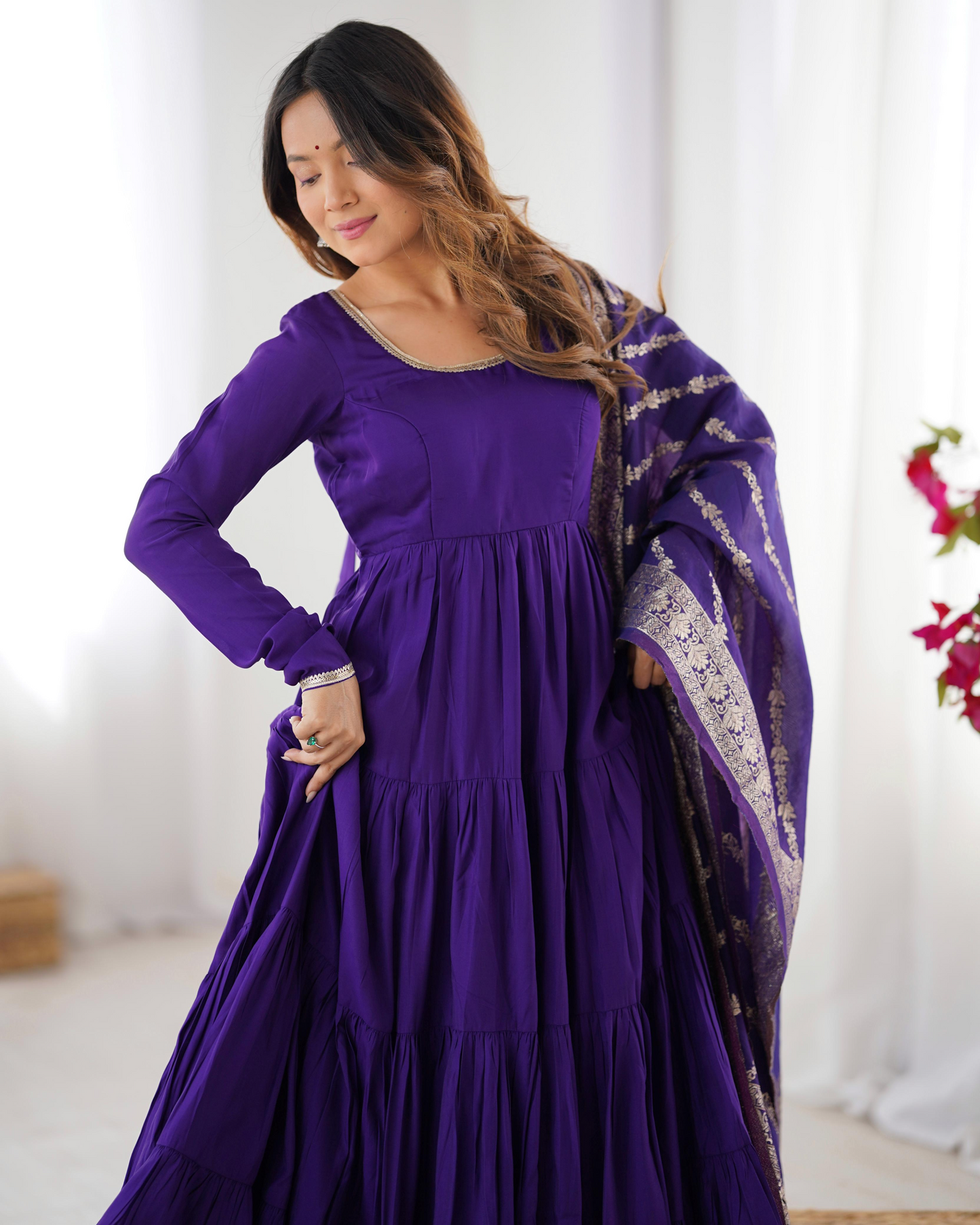 Purple Roman Silk Chanderi Anarkali Suit