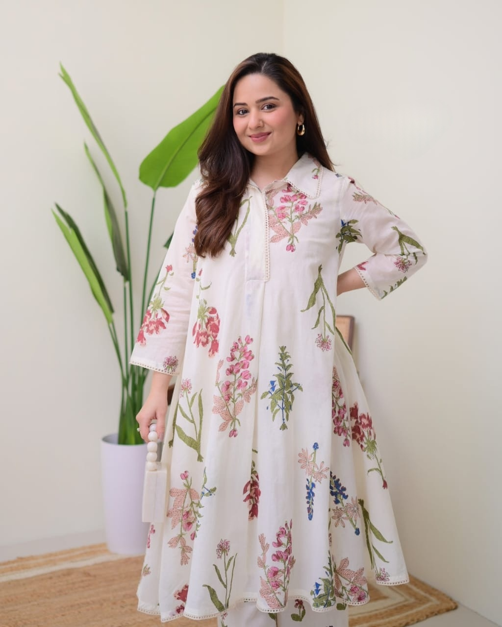 Mul cotton Floral Embroidered A Line Kurta Suit