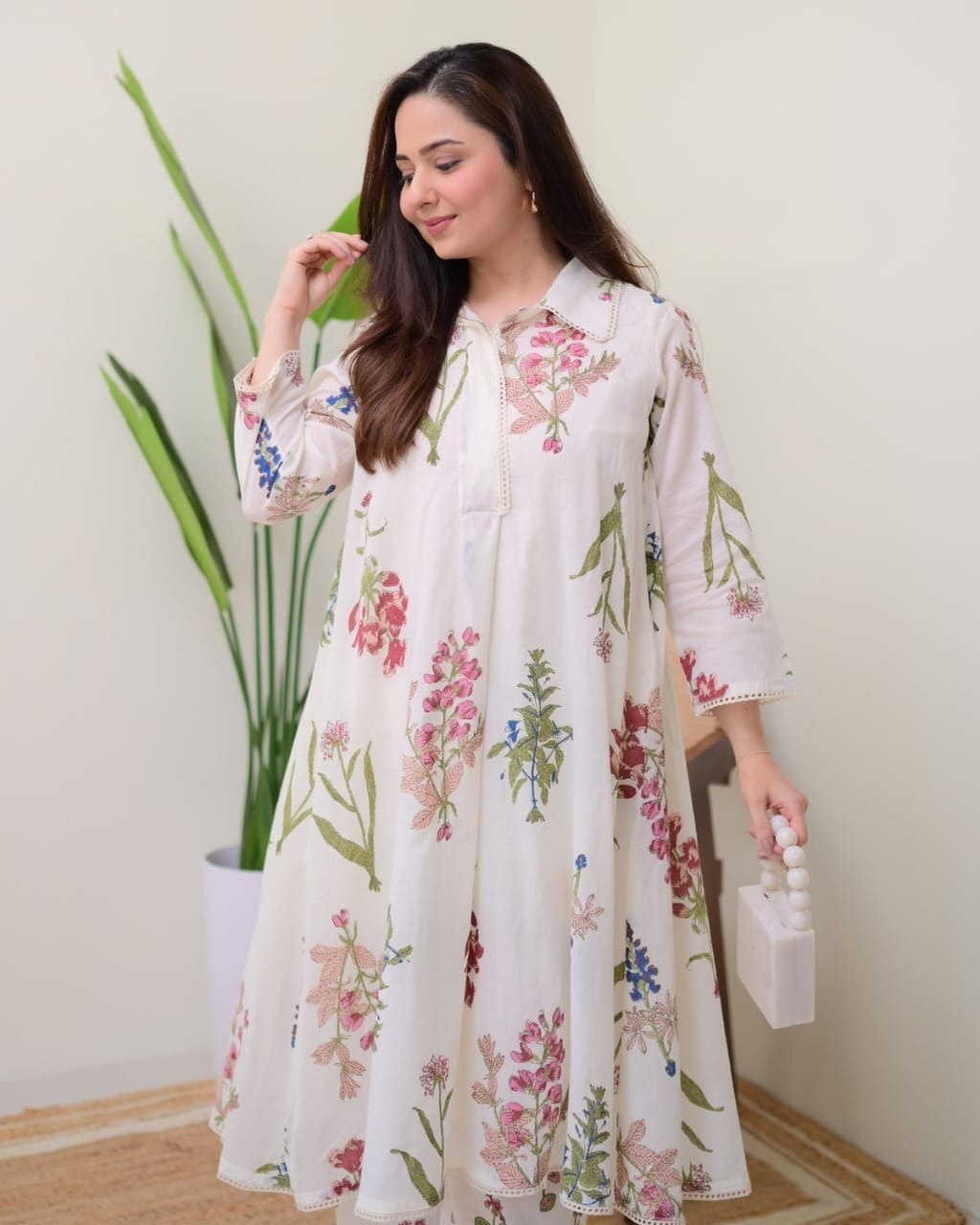 Mul cotton Floral Embroidered A Line Kurta Suit