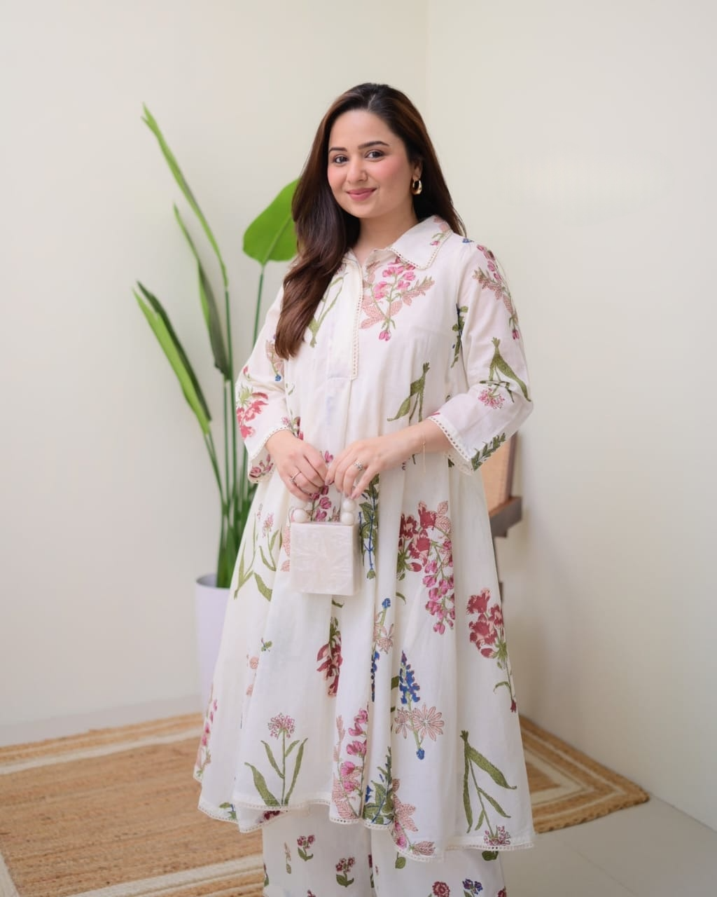 Mul cotton Floral Embroidered A Line Kurta Suit