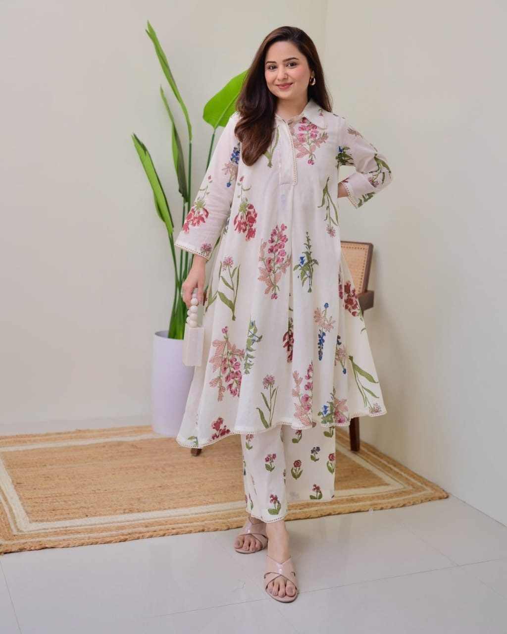 Mul cotton Floral Embroidered A Line Kurta Suit
