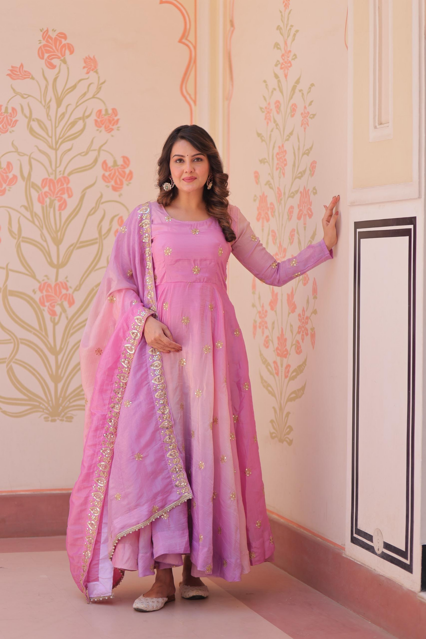 Pink Organza Sequins-Multi & Zari Embroidered Gown With Dupatta