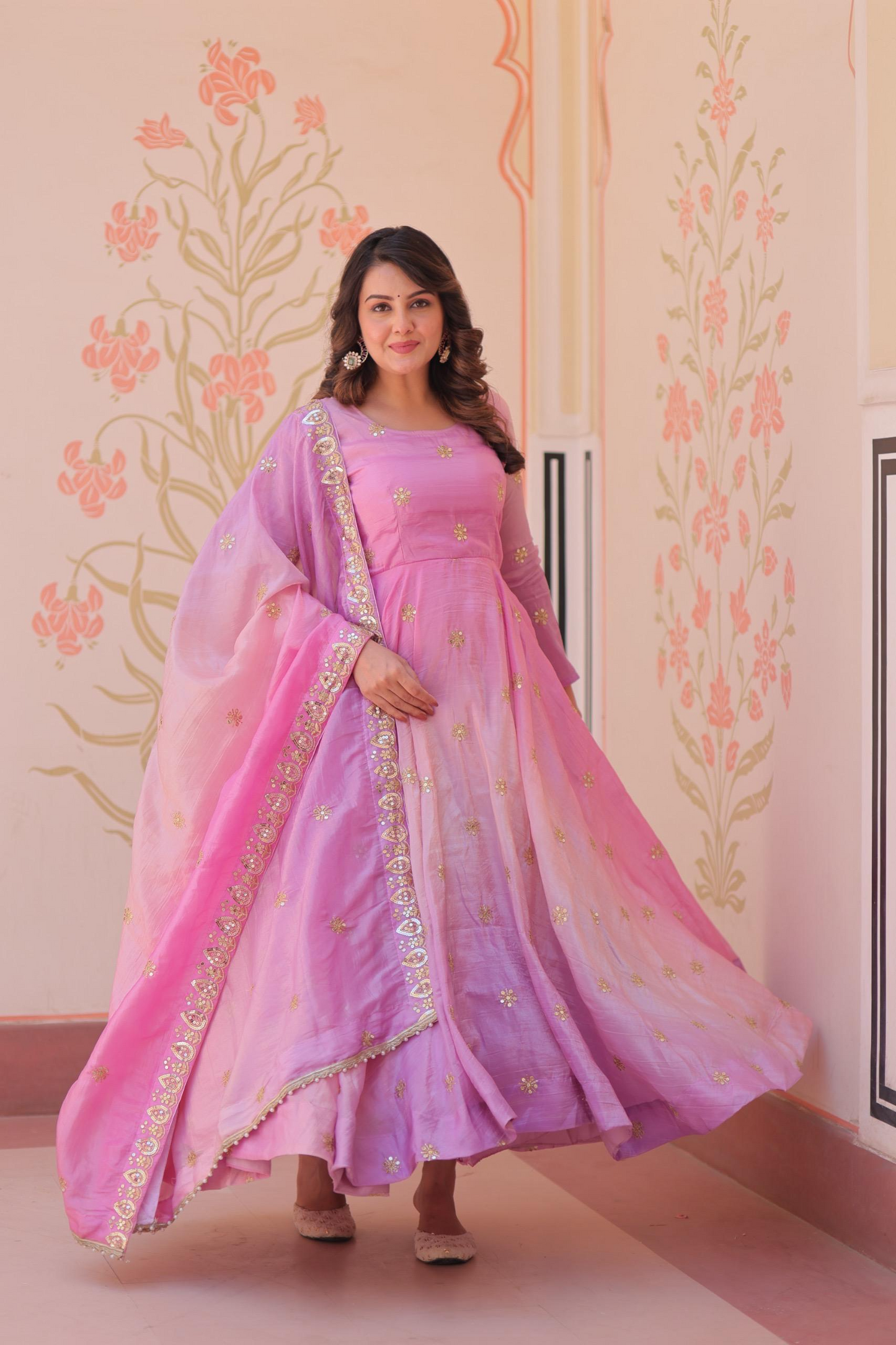 Pink Organza Sequins-Multi & Zari Embroidered Gown With Dupatta