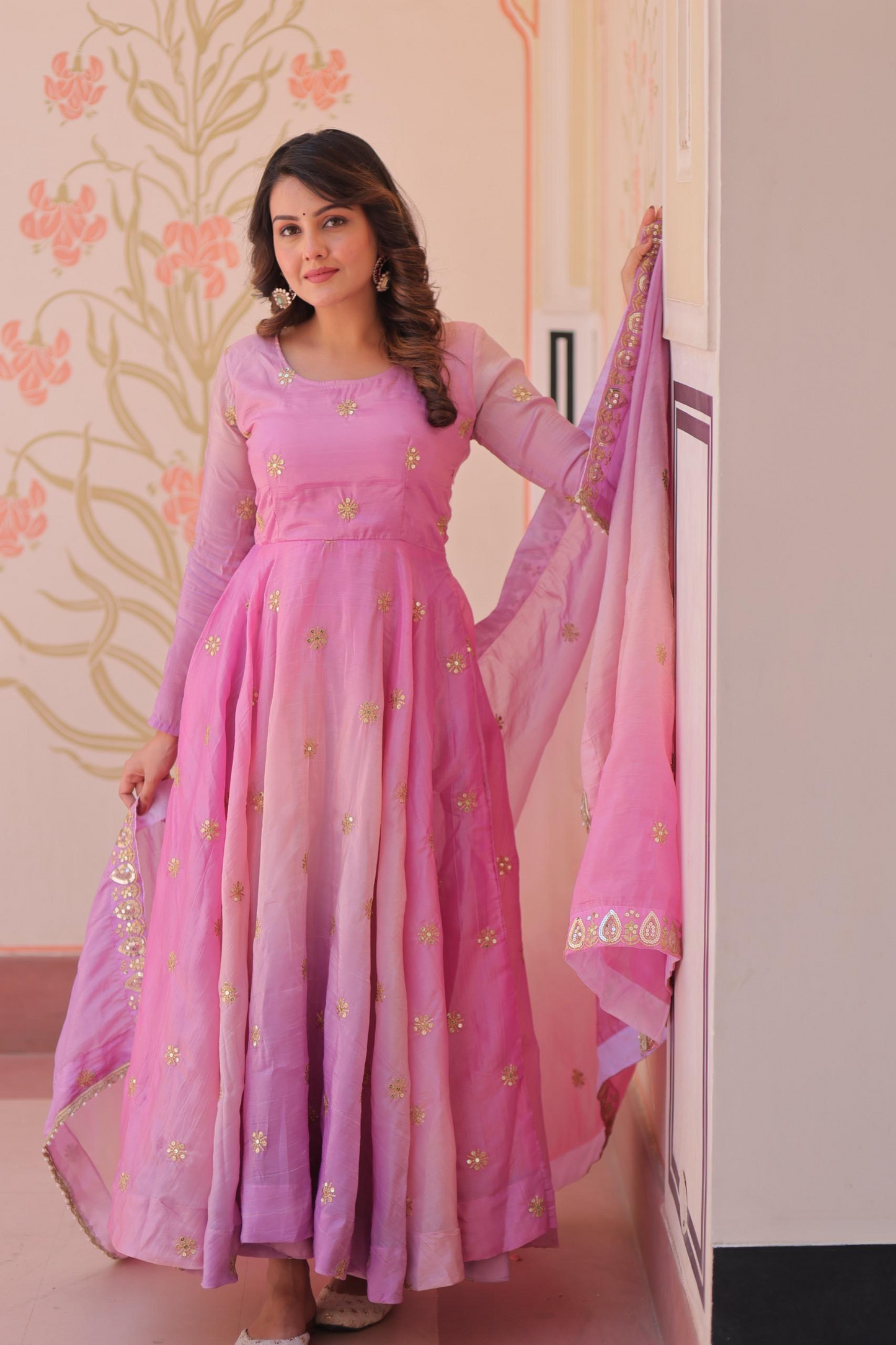 Pink Organza Sequins-Multi & Zari Embroidered Gown With Dupatta