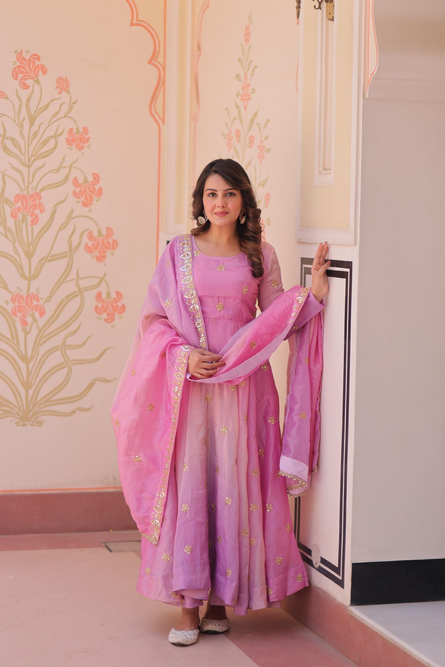 Pink Organza Sequins-Multi & Zari Embroidered Gown With Dupatta