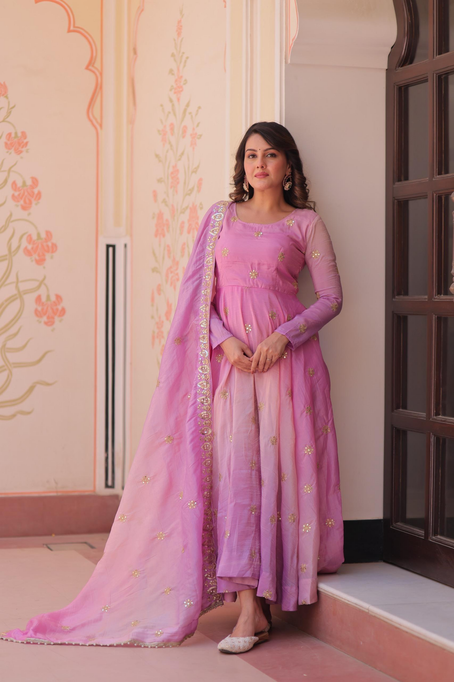 Pink Organza Sequins-Multi & Zari Embroidered Gown With Dupatta