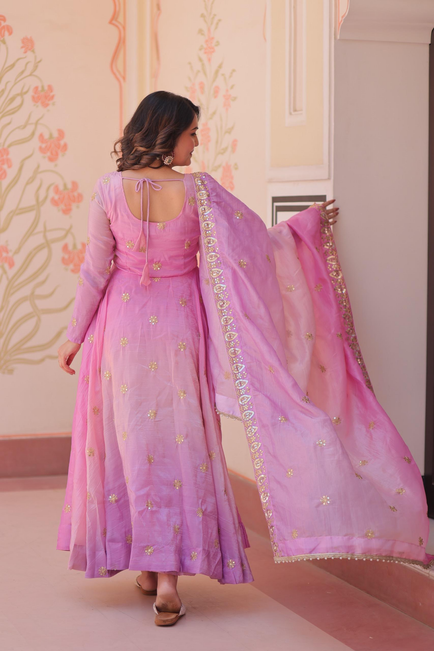 Pink Organza Sequins-Multi & Zari Embroidered Gown With Dupatta