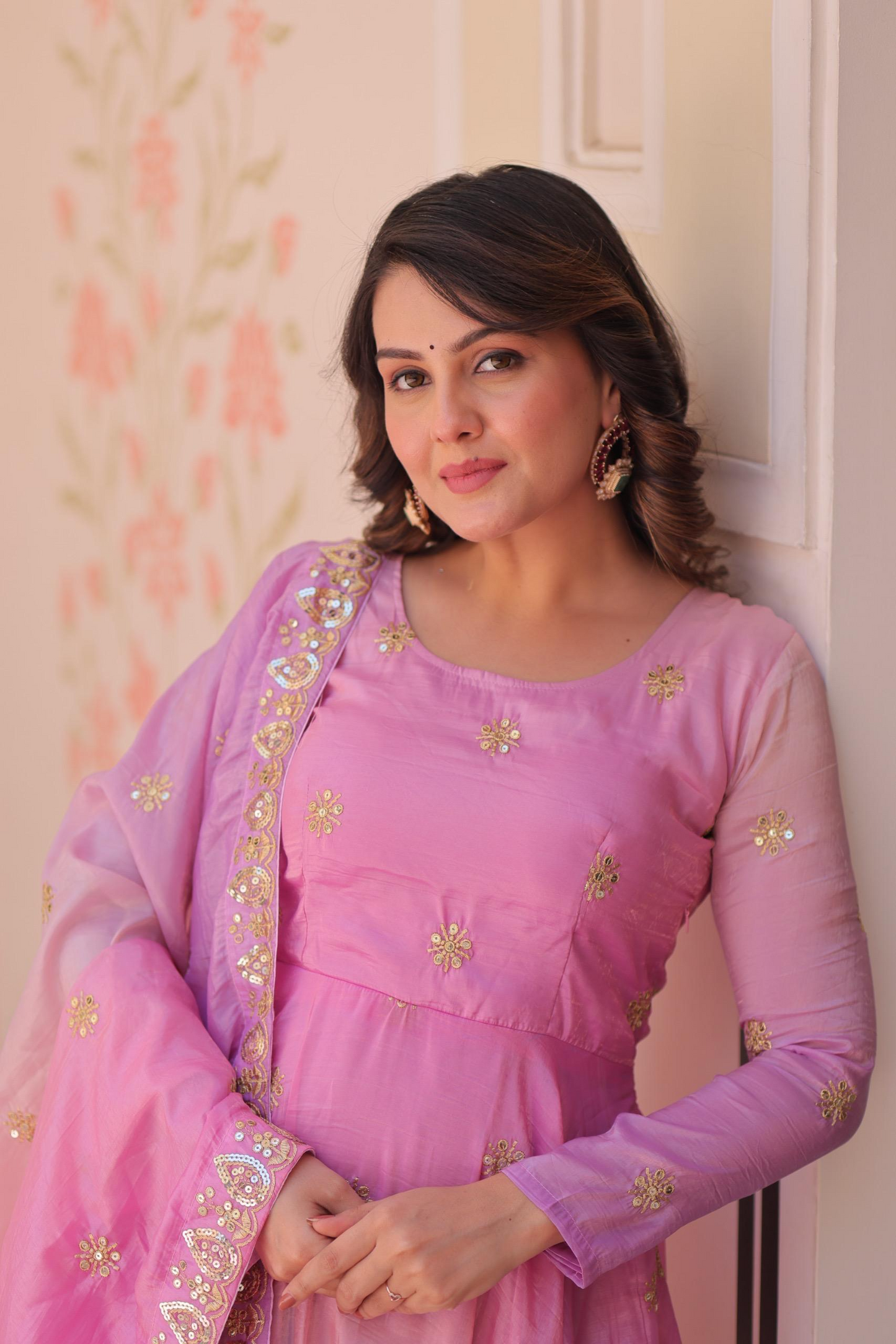 Pink Organza Sequins-Multi & Zari Embroidered Gown With Dupatta