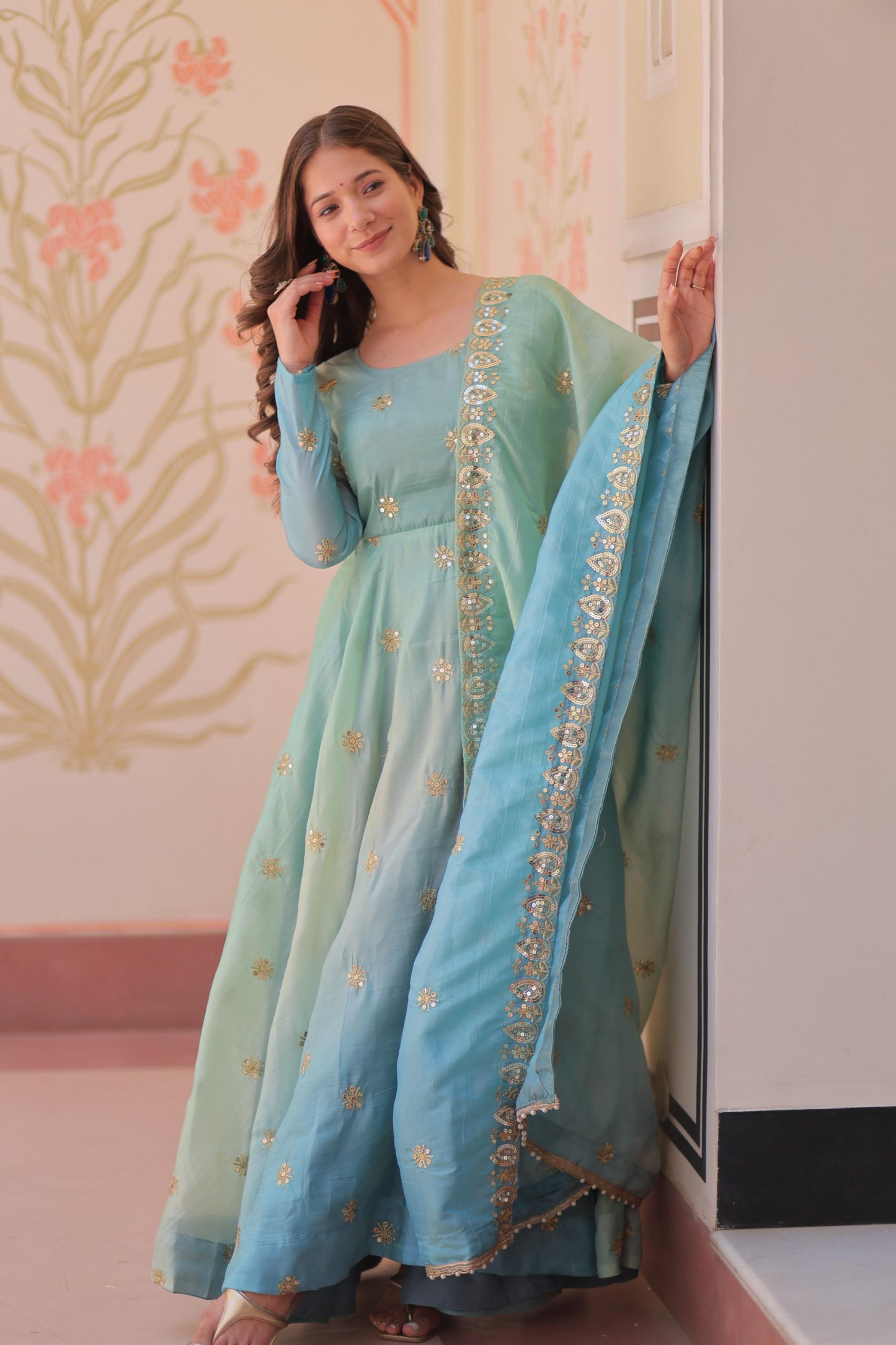 Sky Organza Sequins-Multi & Zari Embroidered Gown With Dupatta