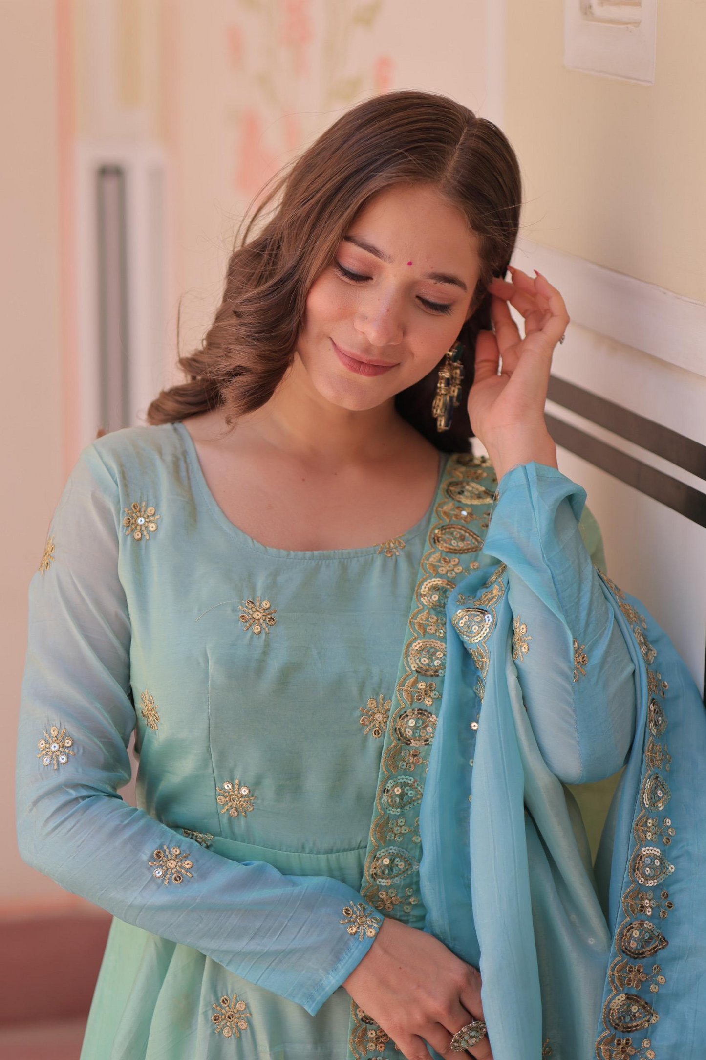 Sky Organza Sequins-Multi & Zari Embroidered Gown With Dupatta