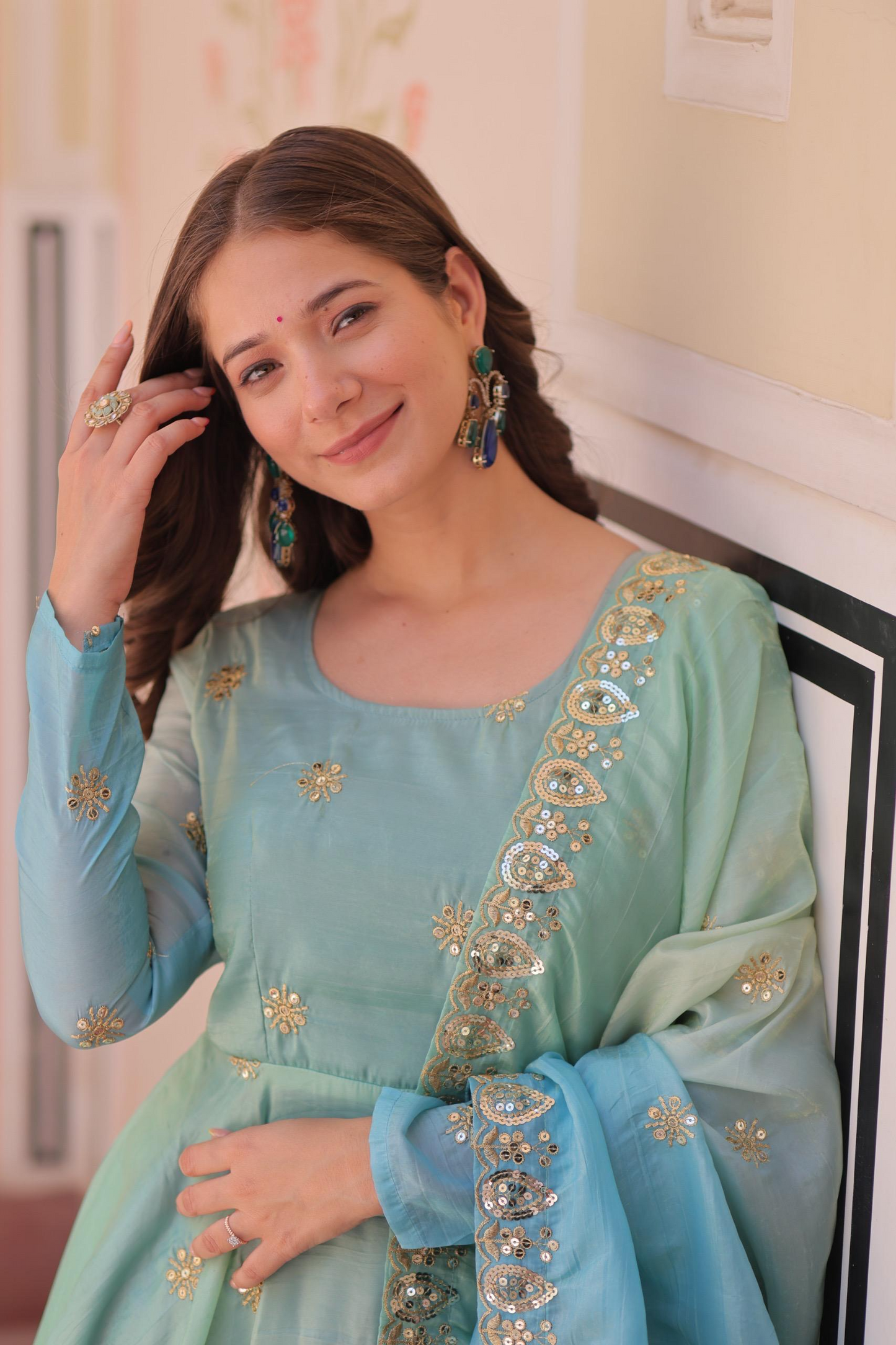 Sky Organza Sequins-Multi & Zari Embroidered Gown With Dupatta
