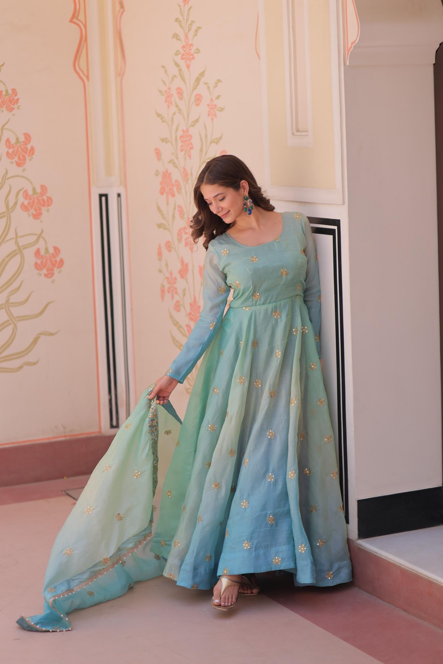 Sky Organza Sequins-Multi & Zari Embroidered Gown With Dupatta