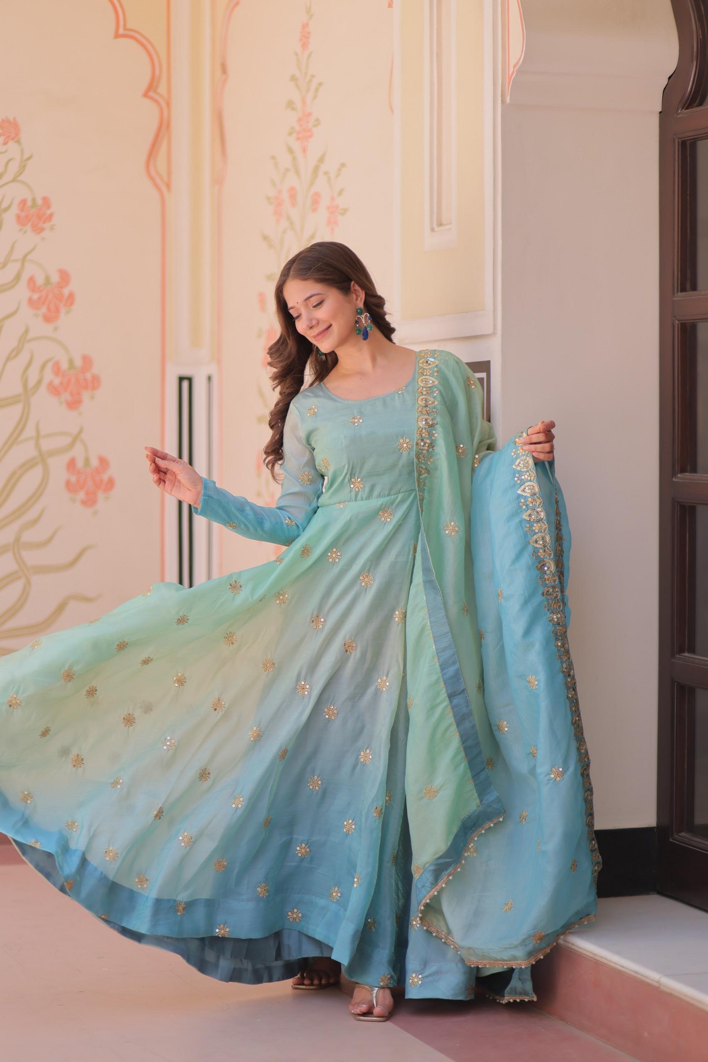 Sky Organza Sequins-Multi & Zari Embroidered Gown With Dupatta