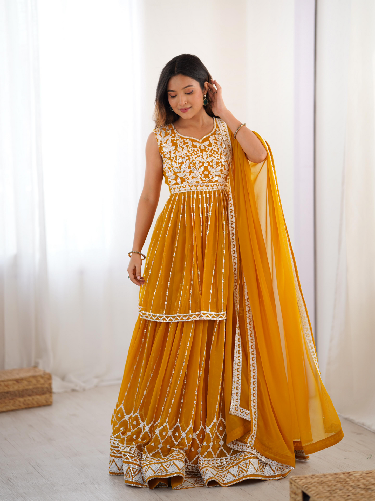 Mustard Georgette Thread Sequence Work Sharara Suit
