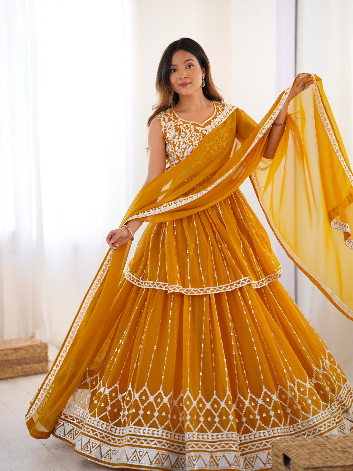 Mustard Georgette Thread Sequence Work Sharara Suit