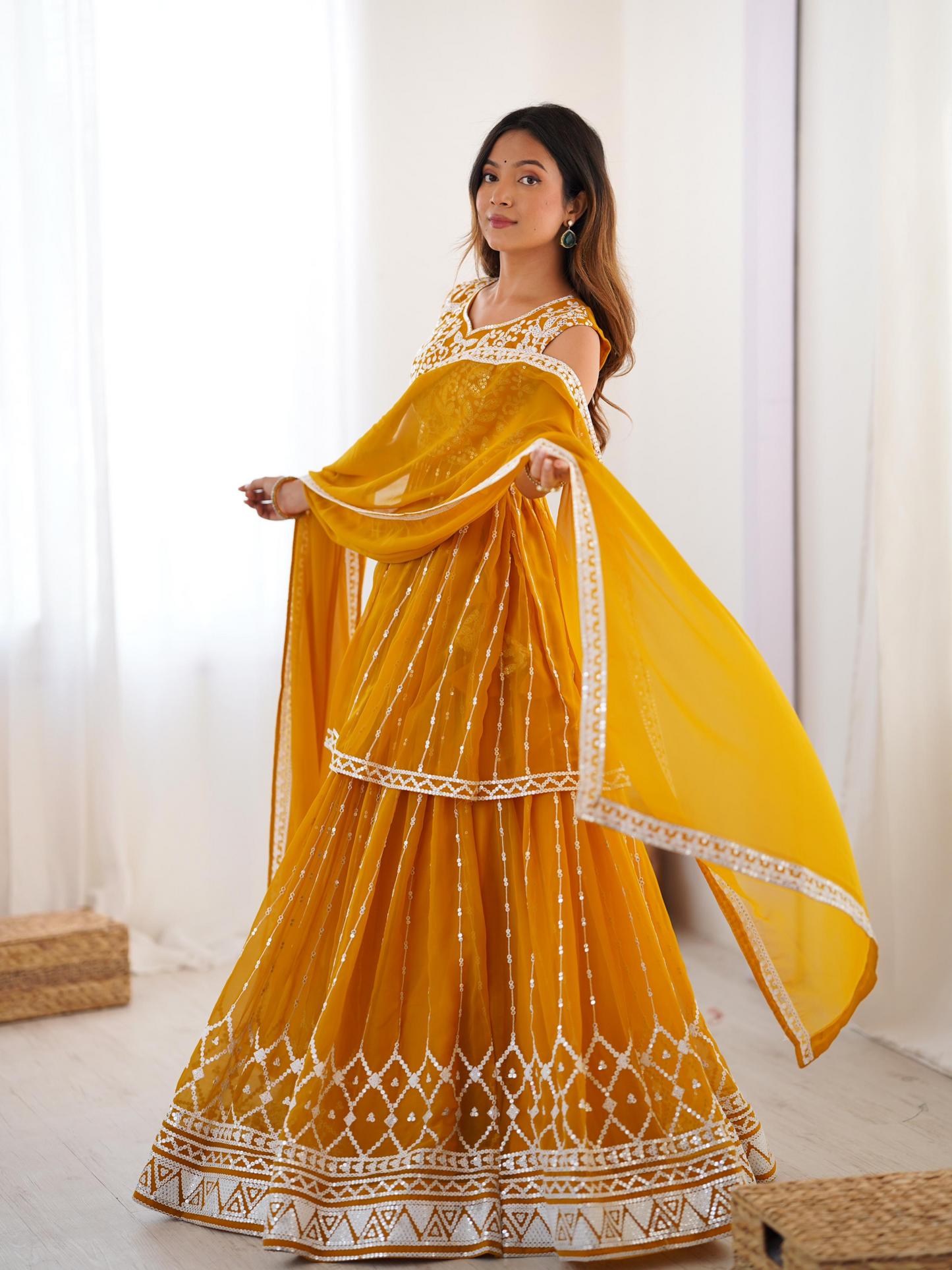 Mustard Georgette Thread Sequence Work Sharara Suit