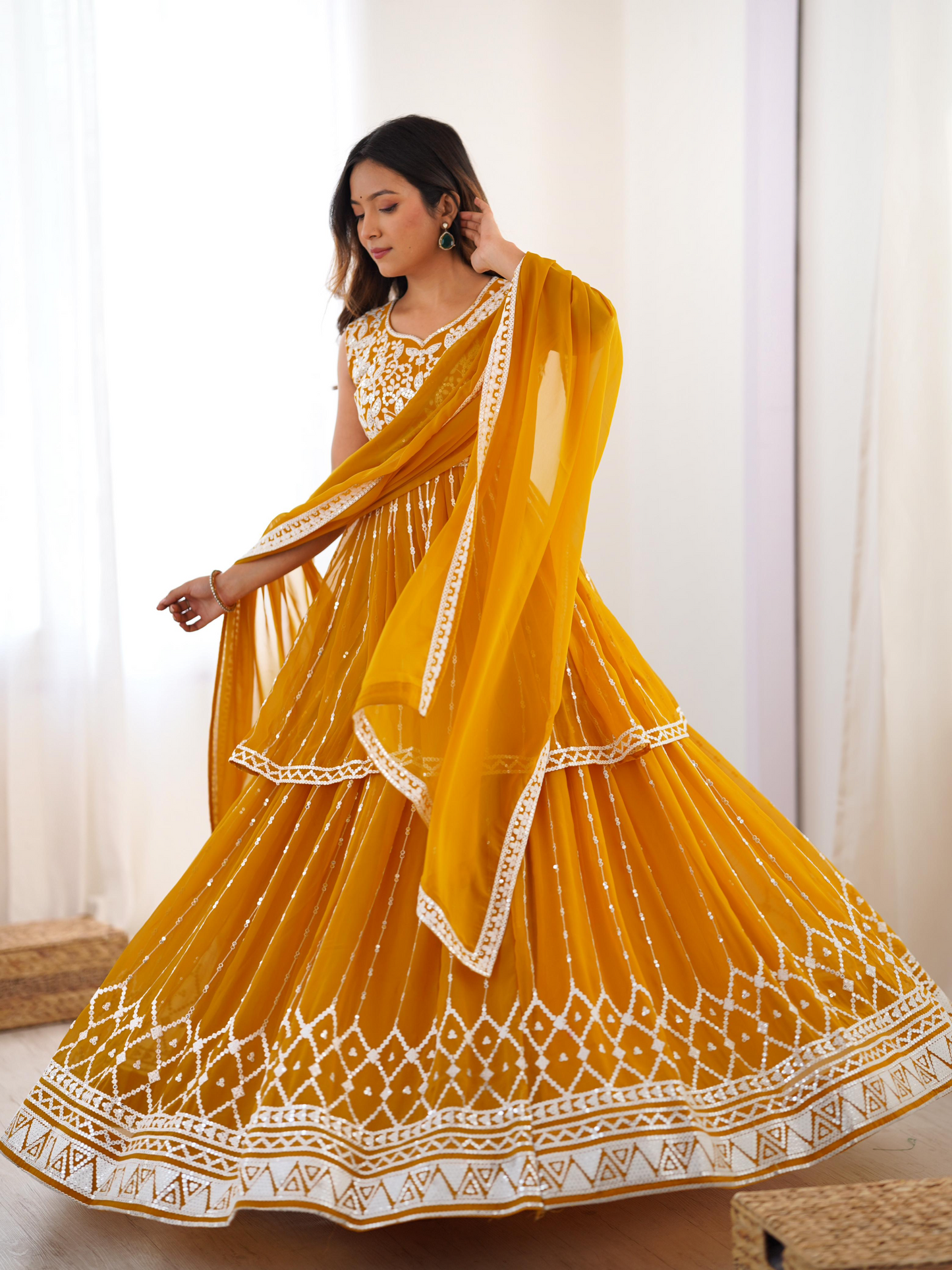 Mustard Georgette Thread Sequence Work Sharara Suit