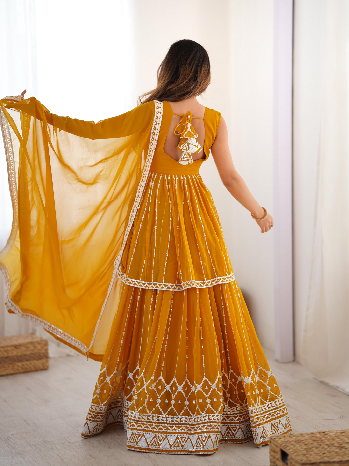 Mustard Georgette Thread Sequence Work Sharara Suit