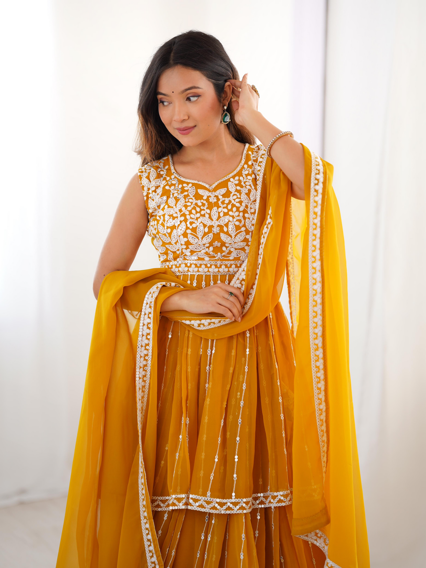 Mustard Georgette Thread Sequence Work Sharara Suit