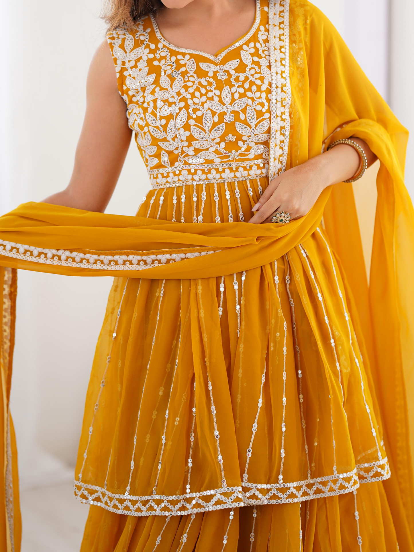Mustard Georgette Thread Sequence Work Sharara Suit