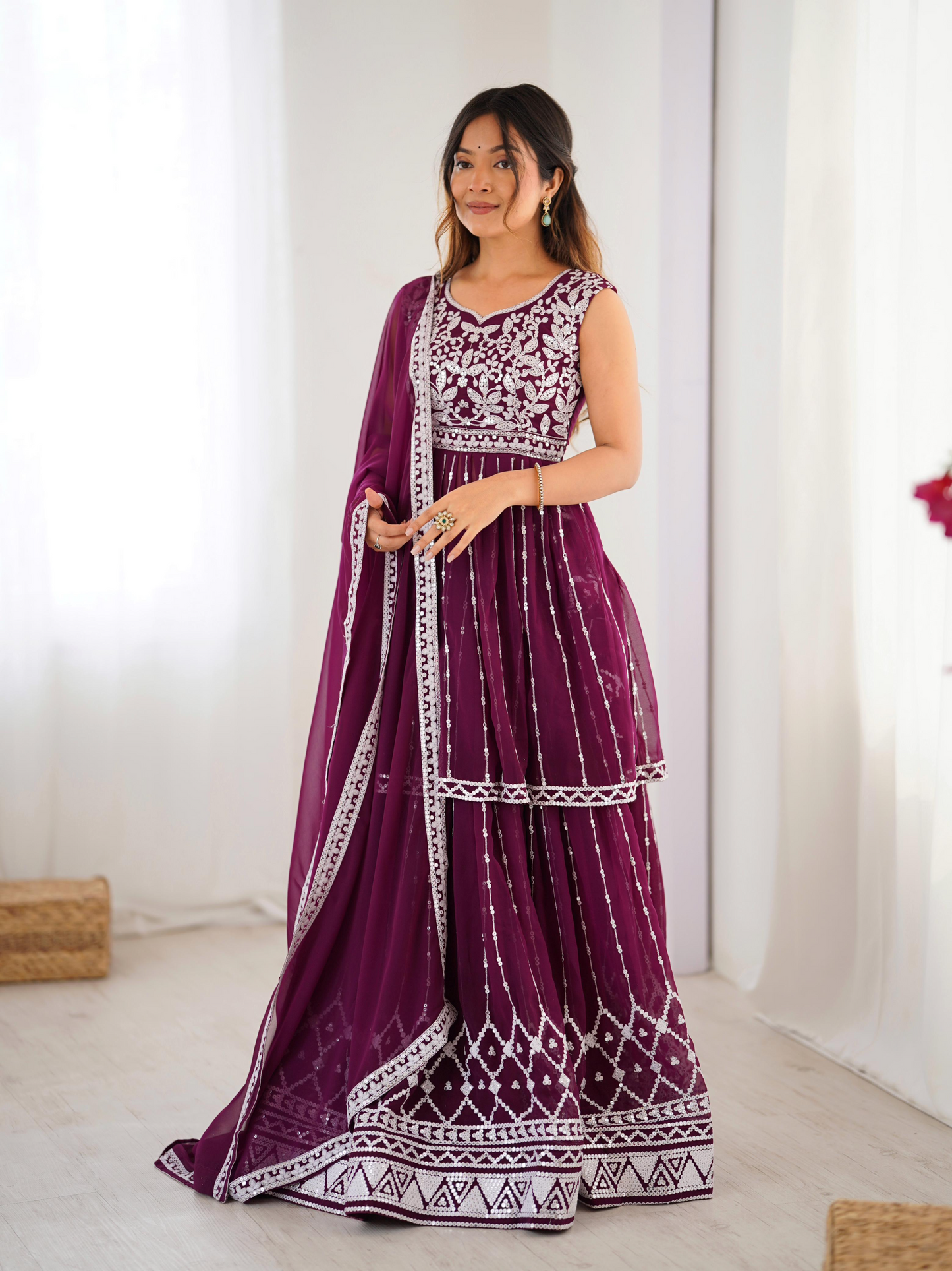 Maroon Georgette Thread Sequence Work Sharara Suit