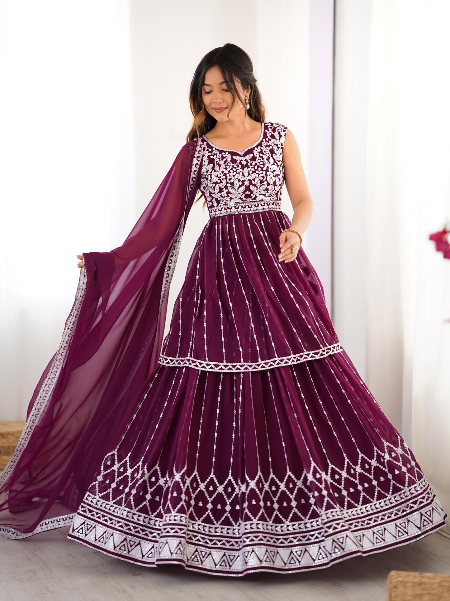 Maroon Georgette Thread Sequence Work Sharara Suit