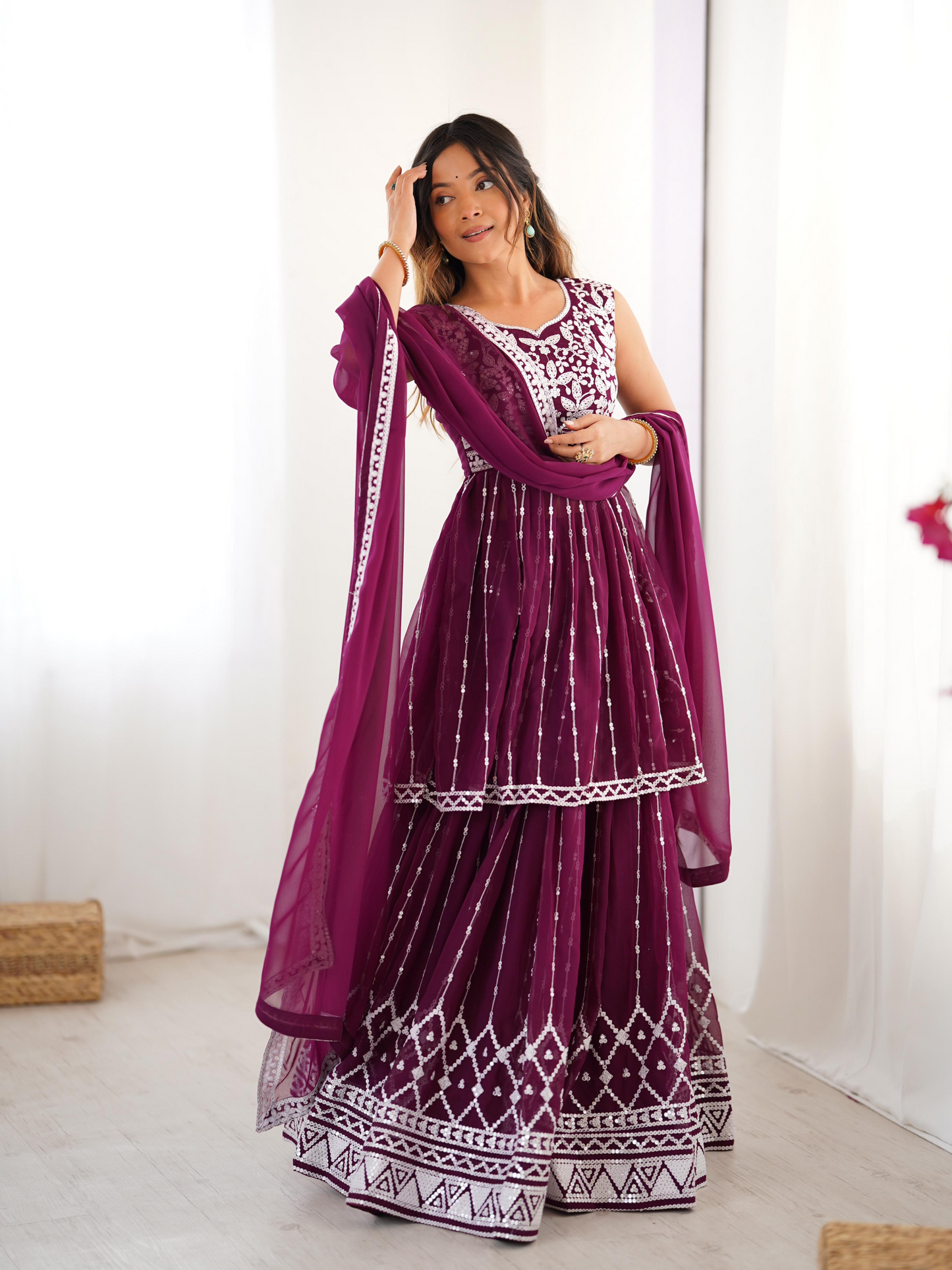 Maroon Georgette Thread Sequence Work Sharara Suit