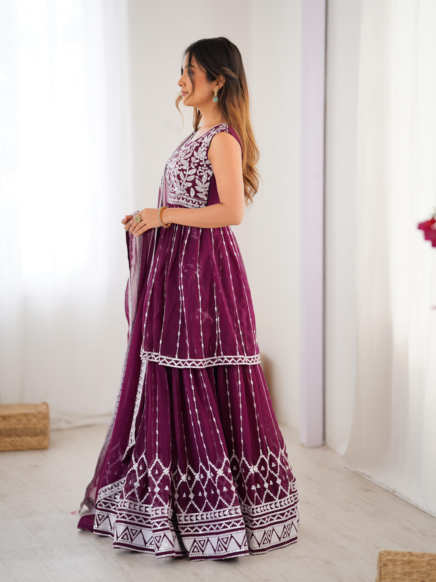 Maroon Georgette Thread Sequence Work Sharara Suit
