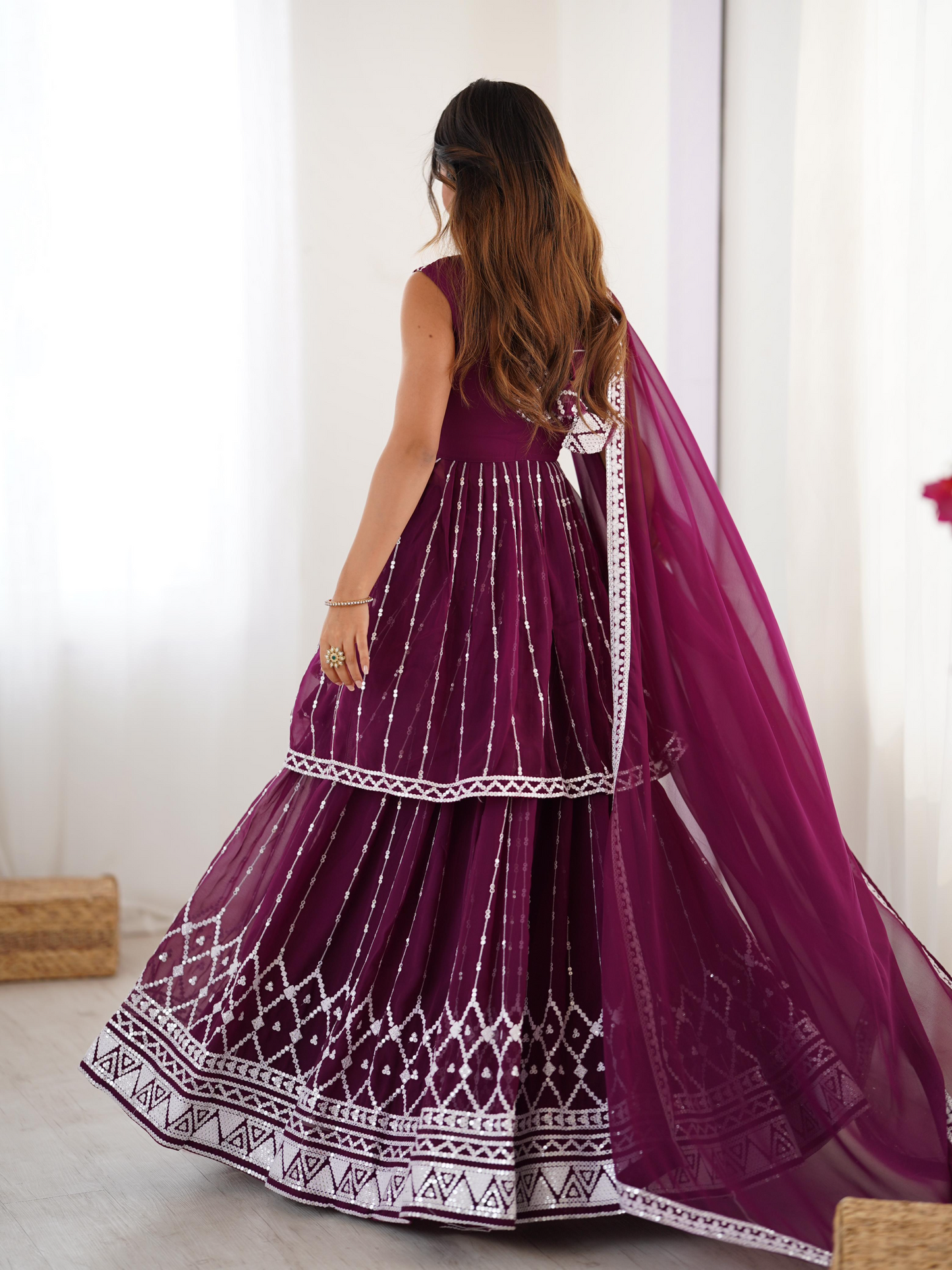 Maroon Georgette Thread Sequence Work Sharara Suit