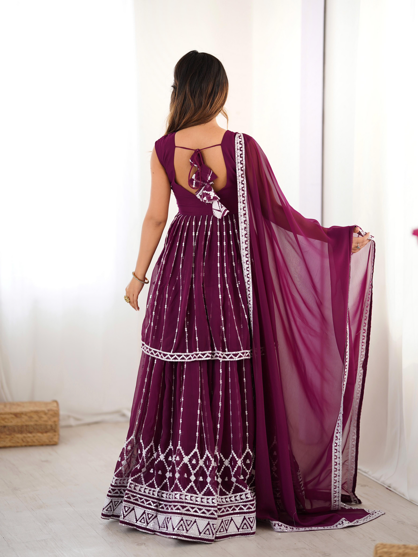 Maroon Georgette Thread Sequence Work Sharara Suit