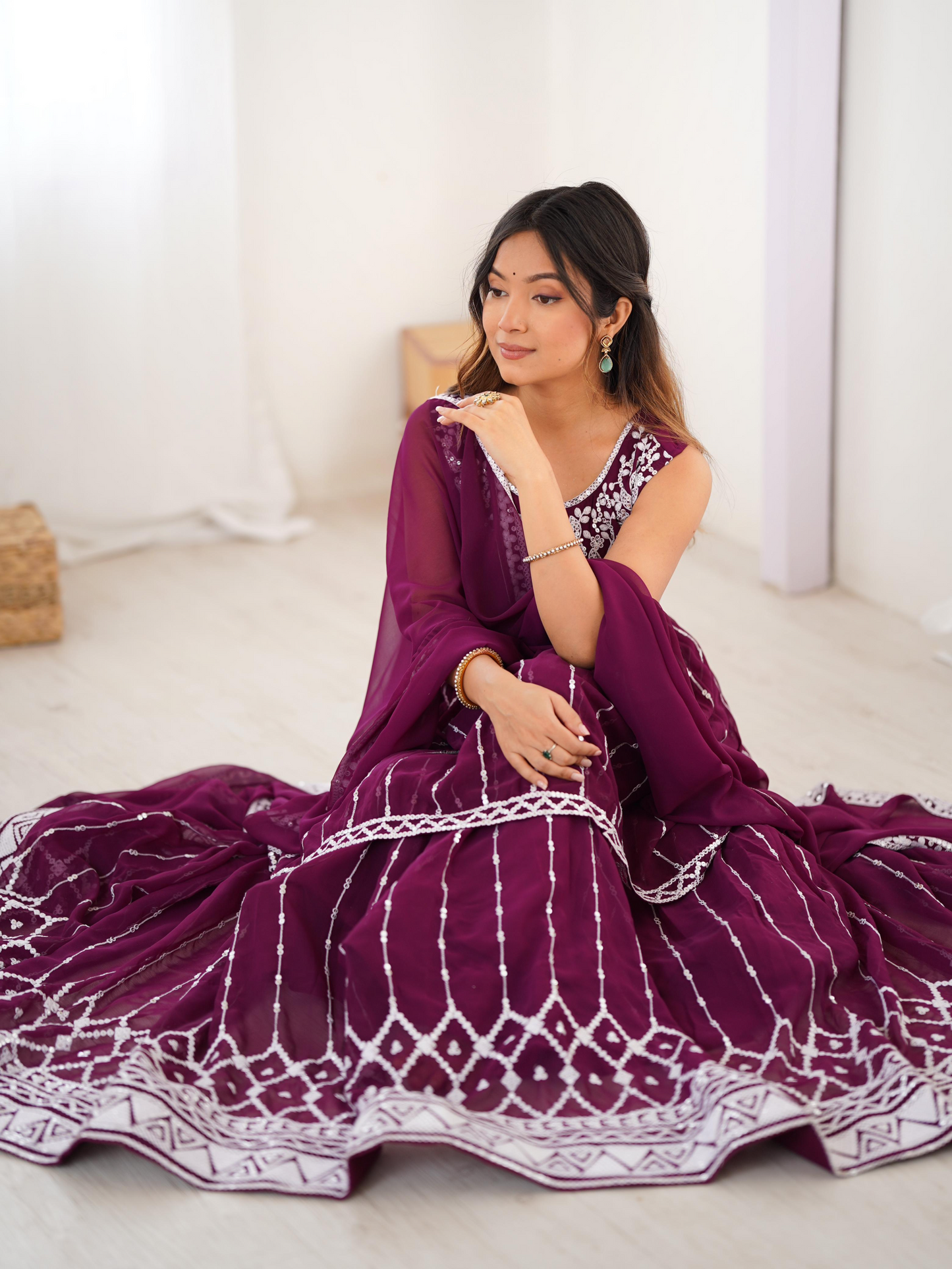 Maroon Georgette Thread Sequence Work Sharara Suit