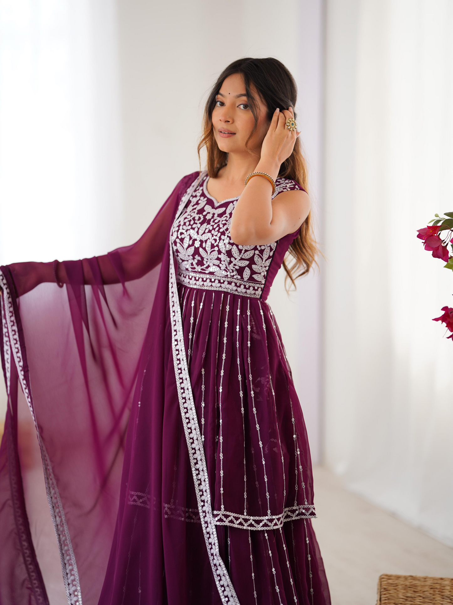 Maroon Georgette Thread Sequence Work Sharara Suit