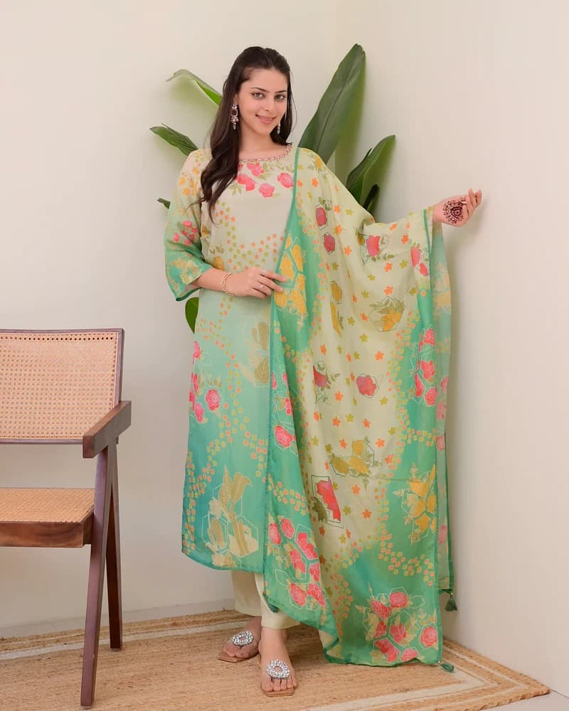 Multi Shades Viscose Silk Hand Work Kurta Suit