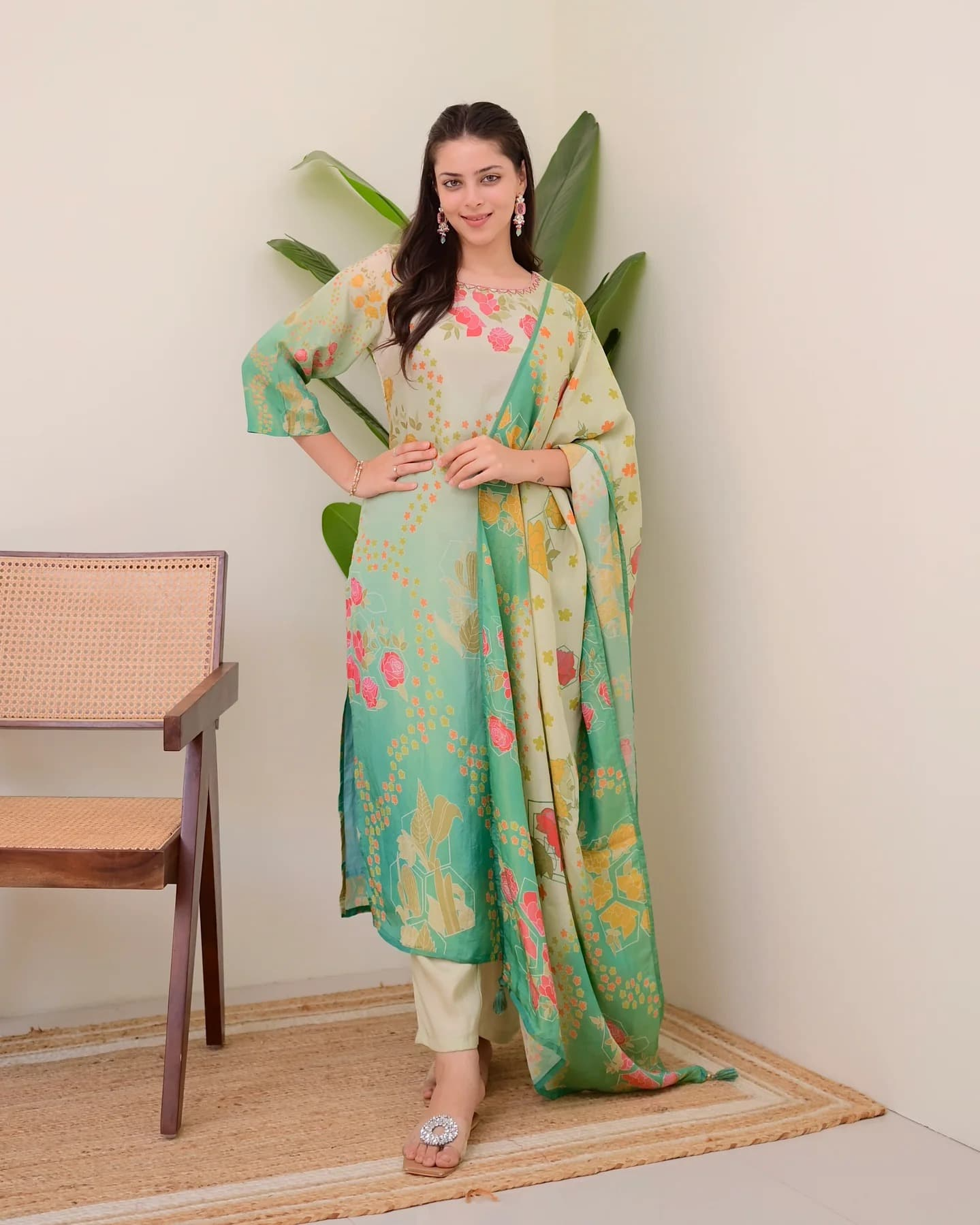 Multi Shades Viscose Silk Hand Work Kurta Suit