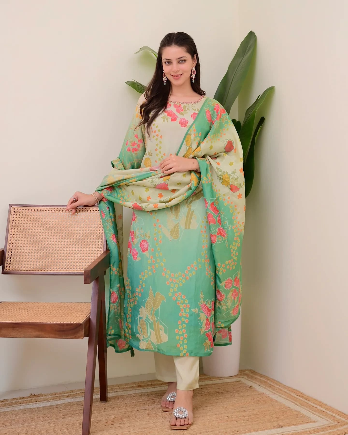 Multi Shades Viscose Silk Hand Work Kurta Suit