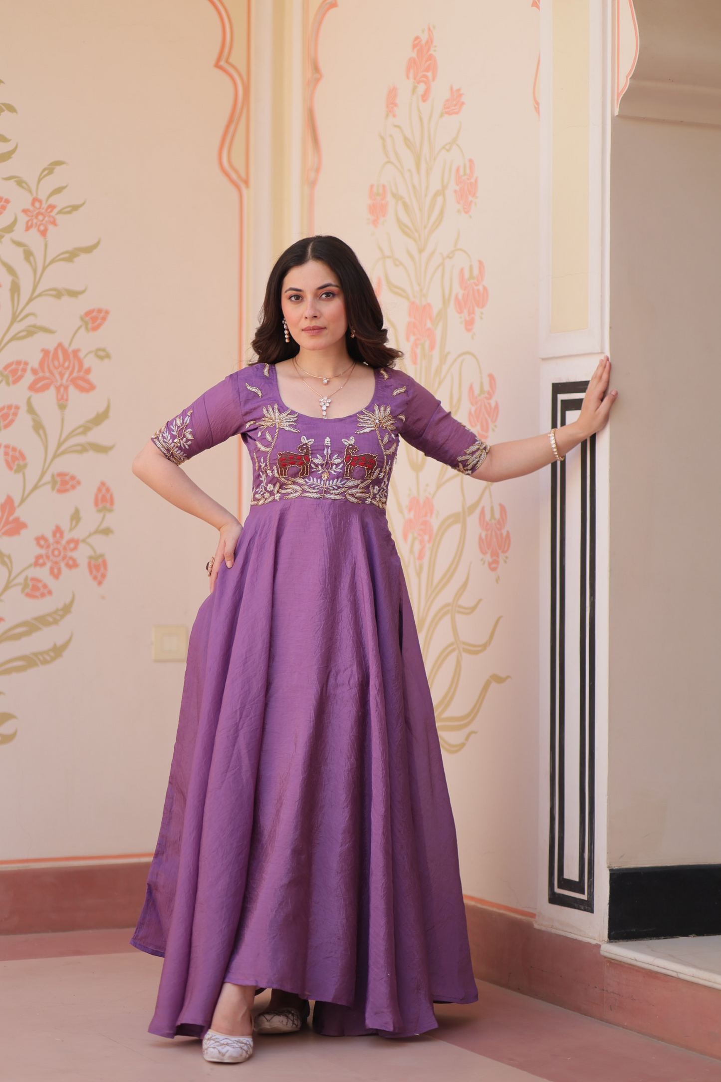 Purple Gold Crush Beads Embroidered Gown