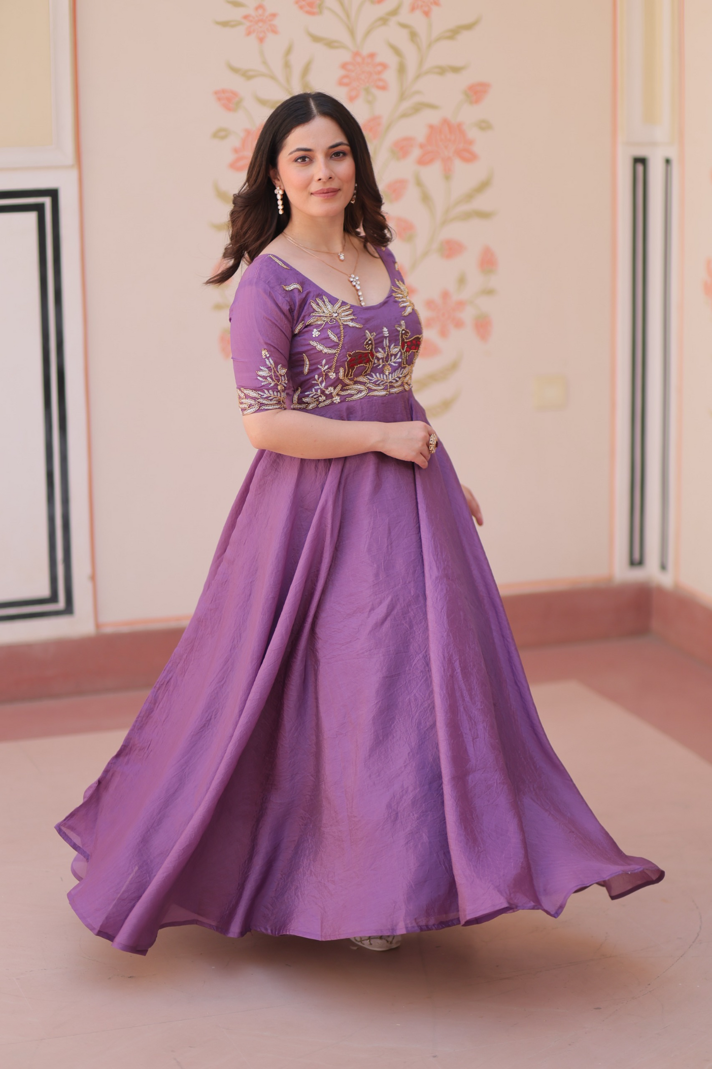 Purple Gold Crush Beads Embroidered Gown