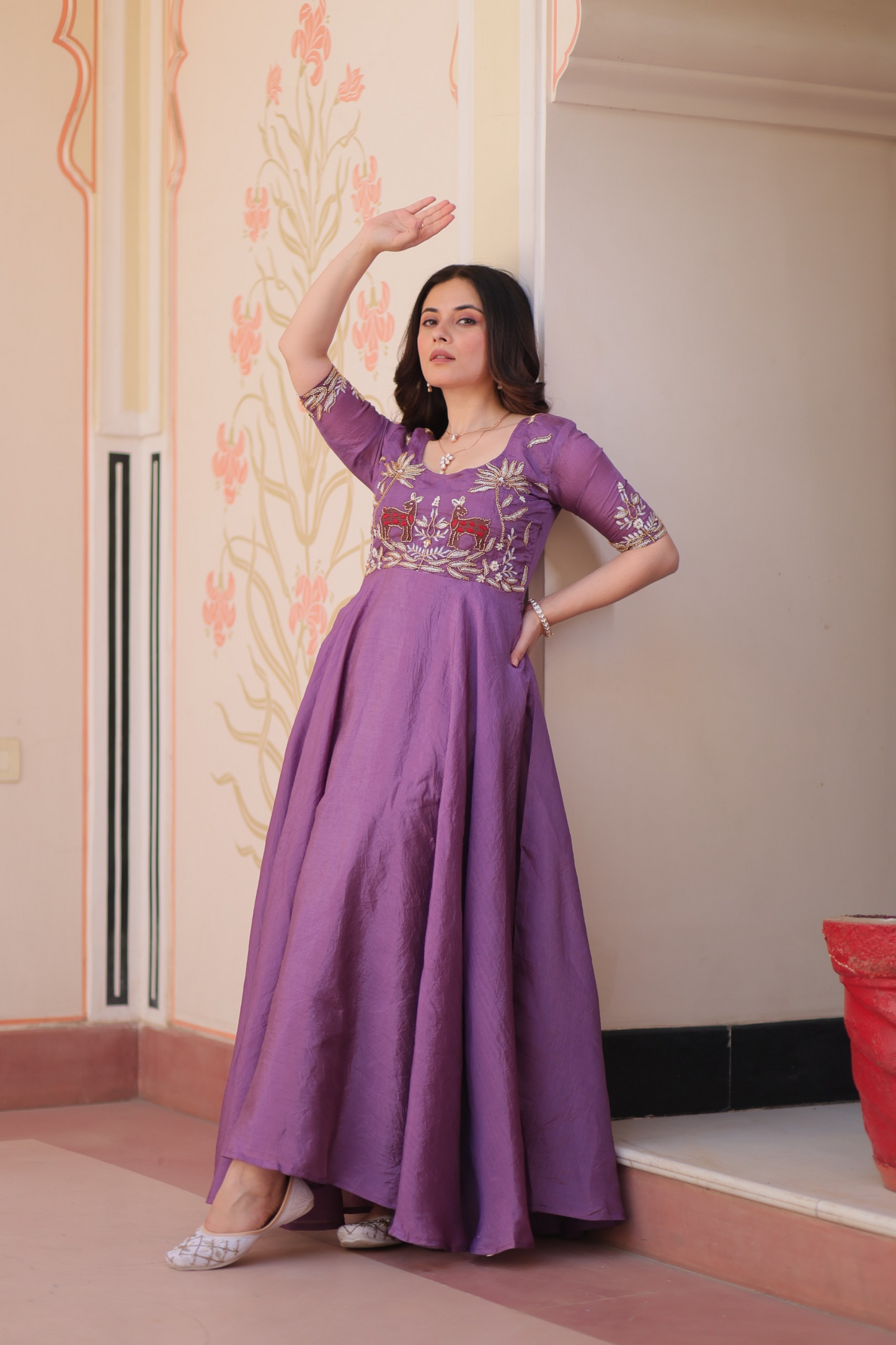 Purple Gold Crush Beads Embroidered Gown