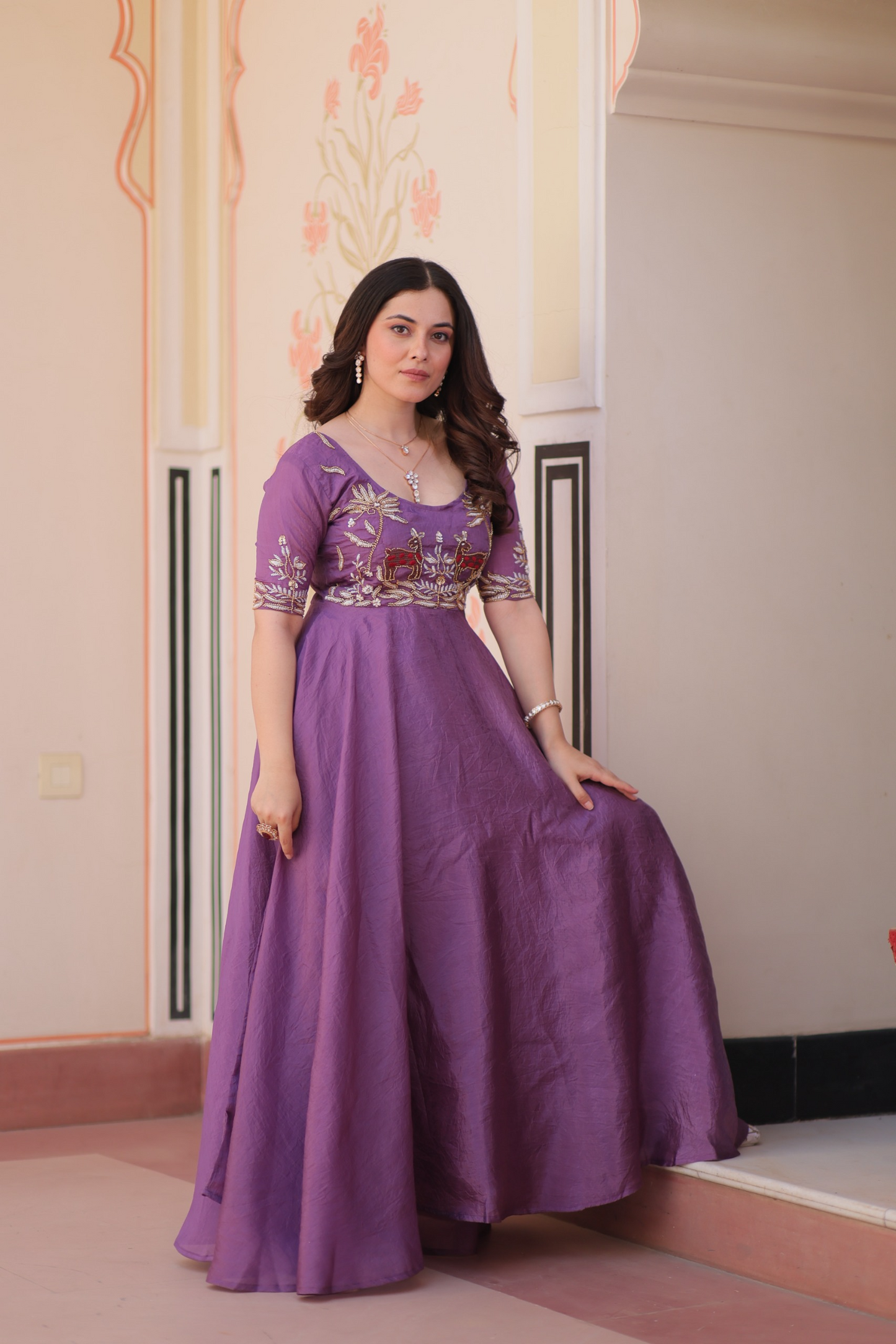 Purple Gold Crush Beads Embroidered Gown