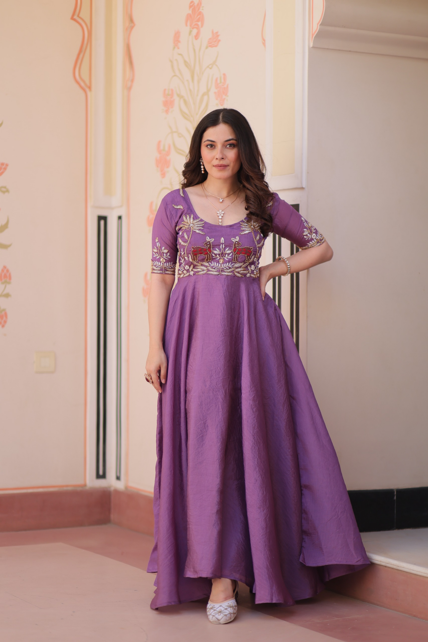 Purple Gold Crush Beads Embroidered Gown