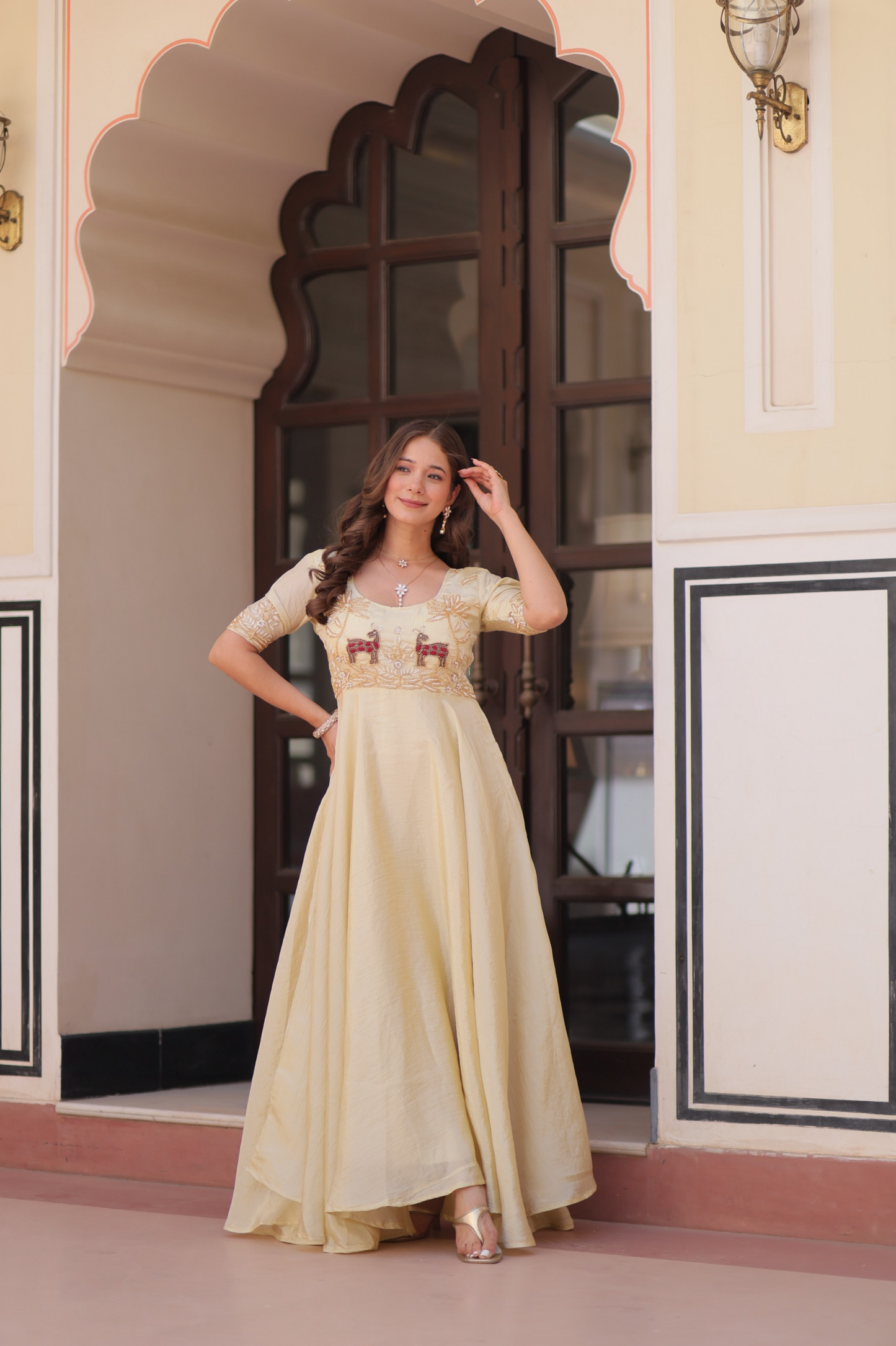 Off White Gold Crush Beads Embroidered Gown