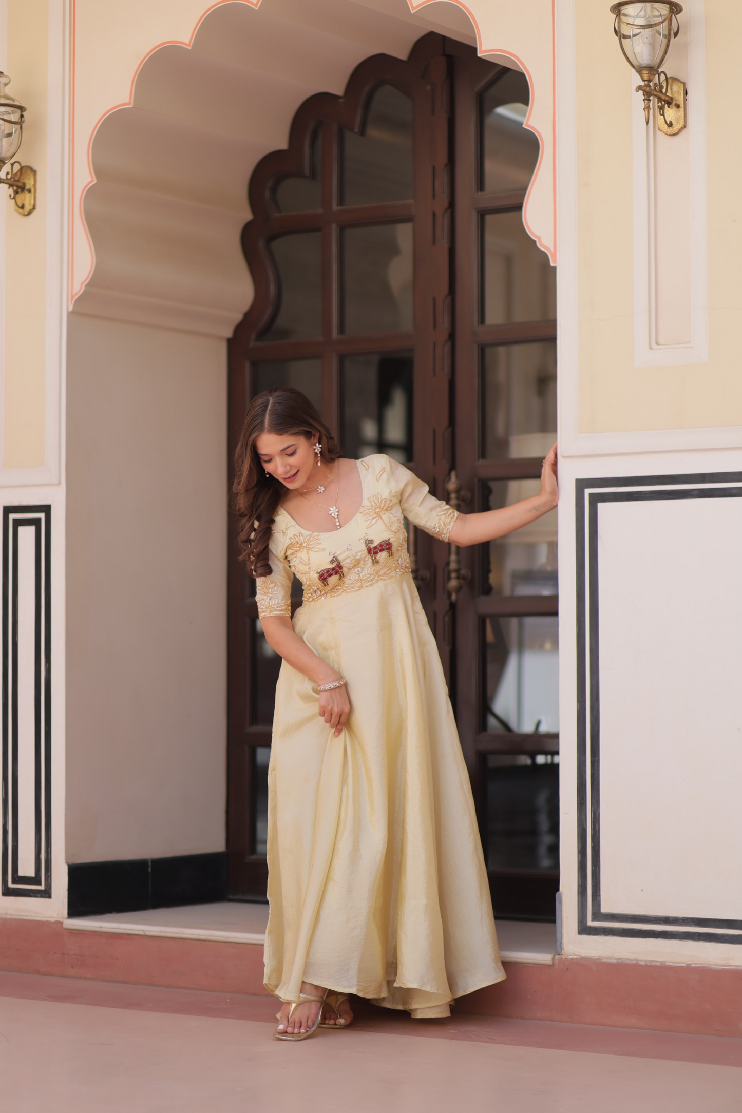 Off White Gold Crush Beads Embroidered Gown